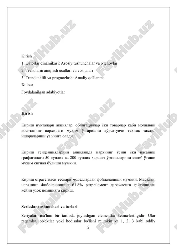 lar narxini prognoz qilish, ob-havo o'zgarishini aniqlash kabi muhim qarorlarni qabul qilish uchun ishlatiladi. trend nima? trend, bu aktiv narxining ma'lum vaqt oralig'ida 15% dan 30% gacha sezilarli darajada oshishi yoki kamayishi bilan ifodalanadigan yo'nalishidir. trend, odatda, 50 kunlik harakatlanuvchi o'rtacha ko'rsatkichdan yuqori yoki pastda joylashgan narxlarning davomiy harakati natijasida hosil bo'ladi va bozor kayfiyatini aks ettiradi. texnik tahlilda, trend 2 yoki undan ortiq yuqori nuqtalarning (o'sish trendida) yoki past nuqtalarning (pasayish trendida) bir-biriga ketma-ket ulanishi orqali aniqlanadi. trendlarni aniqlash usullari: vizual tahlil vizual tahlil narxlar grafigidagi eng yuqori va pastki nuqtalarni aniqlash orqali trendlarni baholaydi, masalan, ketma-ket 3 ta yuqori cho'qqi o'sish tendentsiyasini ko'rsatishi mumkin. chiziqli grafiklar va shamchalar diagrammalari kabi vizual vositalar tarixiy ma'lumotlarga asoslanib, 5 yoki 10 kunlik o'rtacha ko'rsatkichlar kabi tendentsiyalarni ko'rsatishga yordam beradi. hajm ko'rsatkichlari vizual tahlilga integratsiyalashgan bo'lib, narxlarning o'zgarishi bilan birga hajmlarning o'zgarishini ko'rsatib, 20 kunlik hajmdagi o'rtacha ko'rsatkichni solishtirish muhimdir. trendlarni aniqlash …