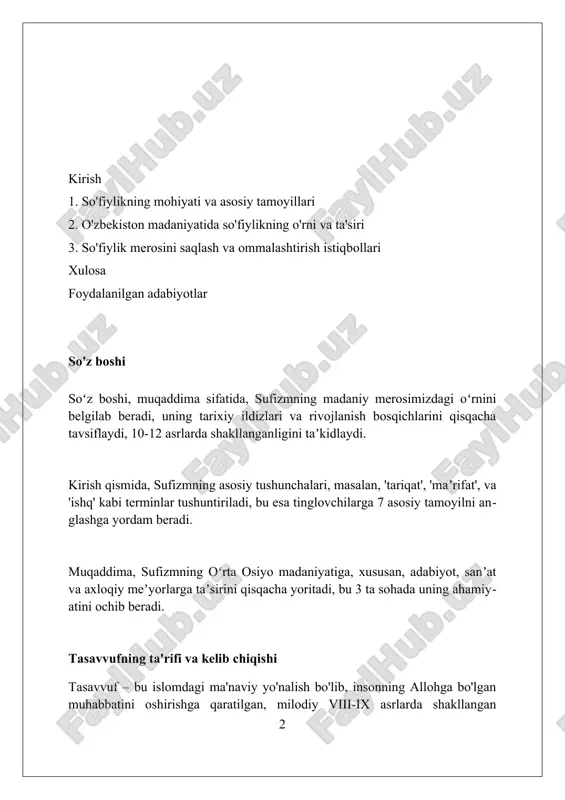 liy shakli hisoblanadi. tasavvufning islomdagi o'rni tasavvuf, islom huquqshunosligi (shariat) va aqidasi (e'tiqod) bilan bir qatorda, 3 asosiy islomiy fanlardan biri sifatida e'tirof etilgan, ma'naviy kamolotga yo'naltiradi. ko'plab musulmon ulamolari, jumladan, al-g'azzoliy kabi nufuzli shaxslar, tasavvufni islomiy amaliyot va e'tiqodning muhim, 5 ustunlardan biri sifatida tasdiqlashgan. tasavvufning maqomi, islomning ilk davrlaridan boshlab shakllangan bo'lib, vii asrdan xii asrga qadar rivojlangan va turli tariqatlarda o'z ifodasini topgan. markaziy osiyoda tasavvufning rivojlanishi xi-xii asrlarda tasavvuf markaziy osiyoda ahmad yassaviyning ta'limoti orqali keng tarqaldi, bu esa turkiy xalqlar orasida uning mashhurligini oshirdi. bahouddin naqshbandiyning naqshbandiya tariqati xiv asrda shakllanib, markaziy osiyoning siyosiy va ijtimoiy hayotiga sezilarli ta'sir ko'rsatdi. alisher navoiy xv asrda tasavvufiy g'oyalarni o'z asarlarida targ'ib qilib, o'zbek adabiyotida tasavvufning ahamiyatini yanada mustahkamladi. tasavvufning buyuk namoyandalari alisher navoiy 15-asrda tasavvufiy g‘oyalarni o‘z she’rlarida mohirona ifodalagan, “hayrat ul-abror” dostonida esa axloqiy pand-nasihatlar bergan. ahmad yassaviy xii asrda turkiy xalqlar orasida tasavvufni yoygan, uning …