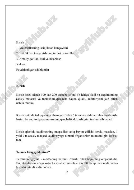 dagi o'zgarish, a₀ boshlang'ich yuza, δt haroratning o'zgarishidir. chiziqli kengayish chiziqli kengayish koeffitsienti materialning har bir gradus selsiy (yoki kelvin) ga harorat oshishi bilan uzunligining nisbiy o'zgarishini ifodalaydi, odatda juda kichik, masalan, po'lat uchun 12 x 10^-6 /°c. chiziqli kengayish formulasi δl = αl₀δt, bu yerda δl - uzunlikning o'zgarishi, α - chiziqli kengayish koeffitsienti, l₀ - boshlang'ich uzunlik va δt - haroratning o'zgarishi.misol: uzunligi 10 m bo'lgan temir, 50 darajaga isiganda. ko'priklar va temir yo'llar kabi inshootlarda chiziqli kengayishni hisobga olish juda muhim, aks holda issiqlik tufayli materiallar kengayganda katta kuchlanishlar yuzaga kelishi va inshoot buzilishi mumkin. kengayish bo'g'inlari shuning uchun qo'shiladi. hajmli kengayish hajmli kengayish koeffitsienti moddaning har bir daraja selsiyga (yoki kelvin) isitilganda hajmning nisbiy o'zgarishini ifodalaydi, odatda 10^-6 darajasida bo'ladi. hajmli kengayish, asosan, uch o'lchovda (uzunlik, kenglik va balandlik) sodir bo'ladigan chiziqli kengayishlarning yig'indisidir, shuning uchun uning qiymati 3α ga teng. gazlar uchun hajmli kengayish qattiq …