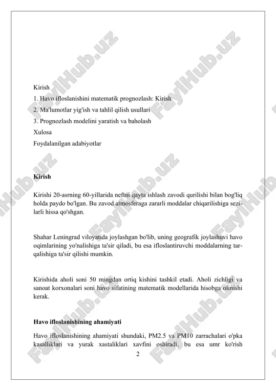 atli natijalarni beradi, stoxastik modellar esa ehtimollik va tasodifiy o'zgaruvchanlikni hisobga oladi, masalan, monte-karlo simulyatsiyasi 1000 marta takrorlanishi mumkin. ma'lumotlar yig'ish va tayyorlash ma’lumotlar to’plashda sensor ma’lumotlari, meteorologik o’lchovlar va transport harakati intensivligi kabi turli xil manbalardan olingan tarixiy ma’lumotlar to’plamidan foydalaniladi. ma’lumotlarni tayyorlashda ekstremal qiymatlarni aniqlash va ularni tozalash, shuningdek, vaqt seriyalarini to’g’rilash orqali ma’lumotlar sifatini oshirish muhim ahamiyatga ega. sun’iy neyron tarmoqlari kabi murakkab modellar uchun ma’lumotlar 0 va 1 orasida normallashtiriladi, bu esa modelning aniqligini oshirishga yordam beradi. vaqt seriyalari tahlili vaqt seriyalari tahlili o'tmishdagi ma'lumotlar asosida kelajakdagi qiymatlarni bashorat qilish uchun ishlatiladigan statistika usulidir, masalan, havo ifloslanish darajasini 24-48 soat oldin aniqlash. autokorrelyatsiya funktsiyasi (acf) va qisman autokorrelyatsiya funktsiyasi (pacf) vaqt seriyasidagi ma'lumotlar orasidagi bog'liqlik darajasini aniqlashda yordam beradi, bu esa arima modellari uchun muhim. ekponensial silliqlash usullari, masalan, holt-winters usuli, vaqt seriyalari tahlilida mavsumiylikni hisobga oladi va havo ifloslanishining yillik yoki oylik o'zgarishlarini modellashtirishda qo'llanilishi …