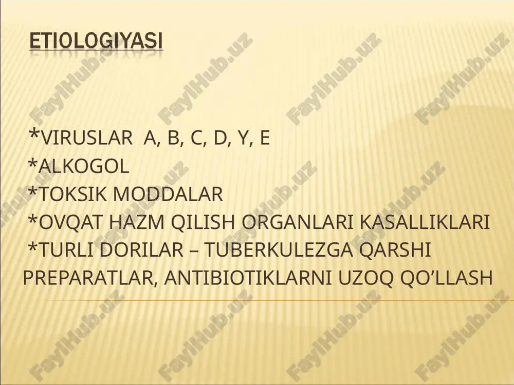 ekshirish natijalari o’tkir gepatit birlamchi biliar sirroz uilson-konovalov kasalligi birlamchi sklerozlovchi xolangit qo’zish davrida gospitalizatsiya qilish 5-dieta stoli – qovurilgan, o’tkir oziqlarni kiritmaslik spazmalitiklar – noshpa, platifillin gepatoprotektorlar – essensiale, karsil, vitaminlar profilaktikasi - virusli o’tkir gepatitning oldini olish, alkogol iste'moliga chek qo’yish, o’tkir gepatitni sifatli davolash, turmushda va ishlab chiqarishda zaharlanishga barham berish. oqibati - kasallikning bosqichiga, protsess faolligining gistologik belgilariga, nekrozning tipiga bog’liq. butunlay sog’ayish juda kam. 10-25% bemorlarda spontan remissiya 30-50% bemorlarda jigar sirroziga o’tish kuzatiladi jigar-hujayra karsinomasi malignizatsiya image1.jpeg image3.png image5.png image6.png image7.png image8.jpeg image9.png image10.jpeg image11.png image12.jpeg image13.png image14.png image15.png image16.png image17.png image18.png image2.png