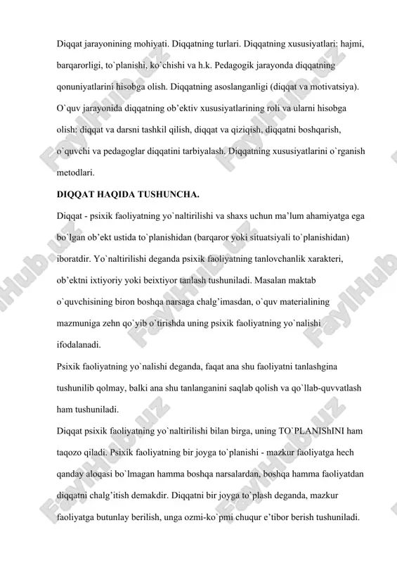 (organizm) uchun ahamiyatli bo`lgan qo`zg’atuvchilarni ajratishni, psixik faoliyatning yo`nalganligini ta’minlaydi. bunday yo`naltirilishga orientasiya (tushunib olish) refleksini misol qilib keltirish mumkin. har qanday yangi qo`zg’atuvchi (agar u yetarli darajada kuchli bo`lsa) bu refleksni, i.p.pavlov aytganidek, "nima u" degan refleksni keltirib chiqaradi. bu sodda turdagi diqqatning fiziologik asosidir. tadqiqotlarning ko`rsatishicha, orientatsiya (tushunib olish) refleksi paydo bo`lgan paytda xuddi uyqudan uyg’onib bedorlikka o`tishdagidek o`zgarish hosil bo`ladi. i.p.pavlov tomonidan kashf qilingan nerv jarayonlarining induksiyasi qonuni diqqatning fiziologik asoslarini tushunib olish uchun muhim ahamiyatga ega. nerv jarayonlarining induksiyasi qonuniga asosan bosh miya po`stining bir joyida maydonga kelgan qo`zg’alish jarayonlari bosh miya po`stining boshqa joylarida tormozlanish jarayonlarini yuzaga keltiradi. va aksincha bosh miya po`stining bir joyida yuzaga kelgan tormozlanish jarayoni bosh miya po`stining boshqa joyida kuchli qo`zg’alishni yuzaga keltiradi. a.a.uxtomskiy tomonidan ilgari surilgan dominantlik printsipi ham diqqatning fiziologik asoslarini tushunishda muhim rol o`ynaydi. bu printsipga asosan, miyada qo`zg’alishning har doim ustun turadigan hukmron uchog’i mavjud, bu …