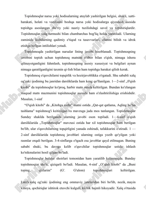 ladi. masalan, 4-sinf ,,o’qish kitobi" da „buni toping, qizlarim" (g'. g'ulom) topishmoqlari keltirilgan. latifa xalq og'zaki ijodining eng ommaviy janrlaridan biri bo'lib, nozik, mayin kinoya, qochiriqlar ishtirok etuvchi kulguli, kichik hajmli hikoyadir. xalq o'rtasida „afandi" deb ham yuritiladi. latifalar yagona qahramon (nasriddin afandi) bilan bog'liq holda yaratiladi, ixcham sujetga ega bo'ladi. latifalarning eng muhim xususiyatlaridan biri lining hamma vaqt hayot bilan hamnafas, hamqadam borishidir. latifa matni ustida ishlashda ham hikoya matni ustida ishlashda qo'llangan usullardan foydalanish mumkih. lekin bunda latifa janri-ning o'ziga xos jihatlariga ham ahamiyat qaratish lozim. 3-sinf ,,o’qish kitobi" darsligida „uyqum qochib ketdi", „tuya eshikdan sig'maydi" kabi latifalar keltirilgan bo'lsa, 3-sinfda „latifalar" mavzusi ostida bir necha latifalar berilgan. latifalar ustida ishlaganda ulardatanqid qilingan illatlar haqida alohida to'xtalib o'tish, o'quvchilarga yaxshi fazilatli bo'lish kerakligini uqtirib o'tish kerak. umuman olganda, latifalar orqali ham o'quvchilarni tarbiyalab borish lozim. tez aytishlar ma'lum so'zni, so'z birikmasini yoki tovushni to'g'ri talaffuz qilishga, uni boshqa …