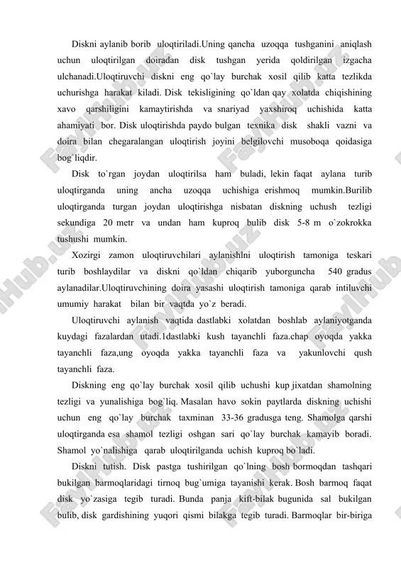 ib turadi. bunda panja kift-bilak bugunida sal bukilgan bulib, disk gardishining yuqori qismi bilakga tegib turadi. barmoqlar bir-biriga yaqin bo`lmasligi tarang yozilgan ham bulmasligi kerak, chunki har ikkala xolda ham diskni boshqarish qiyinlashadi. aylanishga tayyorlanish. aylanish uchun dastlabki xolatda uloqtiruvchi doiraning orqa qismida turadi oyoqlar elka kengligida yoki sal kengroq ochiladi uloqtirish tamoniga nisbatan uloqtiruvchi tanasining xolati baza bir farqga ega bulishi mumkin. qo`l ayroq uloqtirish tomoniga orqa ug`irib turishdir. bunday xolatdan yon tomon bilan turishga nisbatan burulish ancha kyiinrok lekin bunday vaziyatda uloqtiruvchining disk bilan birgalikda qiladigan harakat yuli o`zayadi,demak aylanishni boshlashda harakat miqdorini kupaytirish uchun yaxshiroq sharoit yaratiladi dastlabki xolatda ung oyoq doiraning chekkasiga, gardishiga juda ham takab qo`yiladi. dastlabki siljitishni boshlash yoki ayni vaqtda disk tutgan qo`lni ung tamonga siljitishdan oldin chap oyoq elka kengligida xatto undan ham kengroq qo`yiladi. uloqtirishga tayyorlanish vaqtida gavda deyarli tik to`uradi, oyoqlar sal bukiladi.uloqtiruvchi aylanishga tayyorlana turib disk tutgan qo`lni ungga-orqaga …