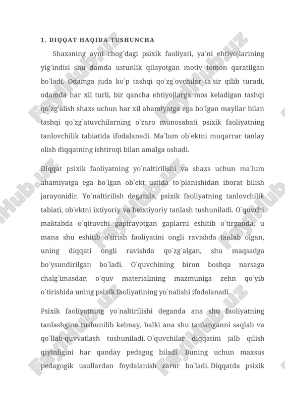 saga chalg`imasdan o`quv materialining mazmuniga zehn qo`yib o`tirishida uning psixik faoliyatining yo`nalishi ifodalanadi. psixik faoliyatning yo`naltirilishi deganda ana shu faoliyatning tanlashgina tushunilib kelmay, balki ana shu tanlanganni saqlab va qo`llab-quvvatlash tushuniladi. o`quvchilar diqqatini jalb qilish qiyinligini har qanday pedagog biladi. buning uchun maxsus pedagogik usullardan foydalanish zarur bo`ladi. diqqatda psixik faoliyatning yo`naltirilishi bilan birga uning to`planishi mazkur faoliyatga hech qanday aloqasi bo`lmagan boshqa narsalardek, hamma faoliyatdan diqqatni chalg`itish demakdir. diqqatning bir joyga to`planishi deganda mazkur faoliyatga butunlay berilish, unga ozmi - ko`pmi chuqur e`tibor berish tushuniladi. qandaydir bir suratli kitobni tez ko`rib chiqish maqsadida uni varaqlab chiqish mumkin. bunday holda diqqatning to`planishi kuchli bo`lmaydi. birorta qiyinroq kitobni undagi har bir bayon qilingan fikrni tushunib olishga intilib va undagi murakkab masalani boshidan oxirigacha tushunib olish har tomonlama o`zaro munosabatlarni qarab chiqish maqsadida uqish mumkin. bu holatdagi diqqatning to`planishi juda kuchli bo`ladi. masalan: uyga topshiriq berilgan inshoni yozib o`tirgan o`quvchi ba`zan uyda …