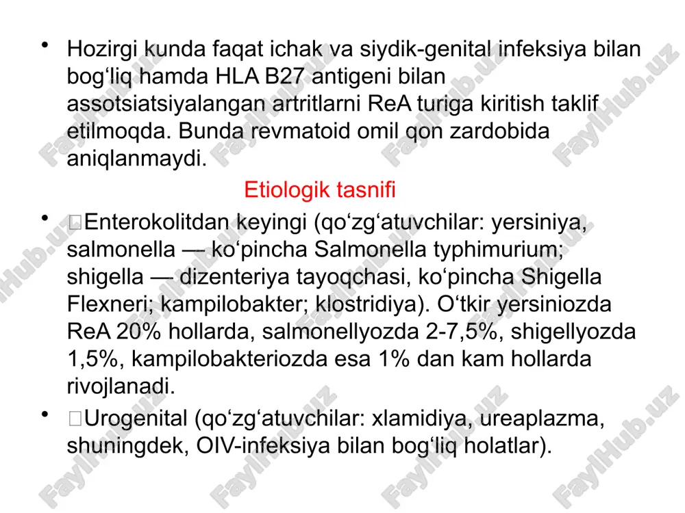va siydik tahlili 2.biokimyoviy qon tahlili– umumiy oqsil, oqsil fraksiyalari, seromukoid, siyal kislotalar, fibrin, siydik kislotasi. 3.bo‘g‘imlarning rentgenografiyasi 4.sinovial suyuqlikni tekshirish 5.koprokultura va serologik tekshiruvlar – patogenni aniqlash uchun 6.hla tizimi antigenlarini va revmatoid omilni tekshirish 7.uretradan olingan surtma namunasida xlamidiyalarni aniqlash va qonda xlamidiyalarga qarshi antitanalarni tekshirish 8.qonda yersiniyalarga qarshi antitanalarni aniqlash laboratoriya ma'lumotlari 1.umumiy qon tahlili: echt ortishi, kamqonlik va leyko-tsitoz belgilari bo‘lishi mumkin. 2.biokimyoviy qon tahlili: α2- va γ-globulinlar, fibrin, seromukoid, siyal kislotalarining ortishi, c-reaktiv oqsil. 3. bakteriologik va serologik tekshiruvlar infektsiyani tasdiqlaydi. 4. sinovial suyuqlik tekshiruvi – yallig‘lanish jarayonlari aniqlanadi: suyuqlik loyqa, sarg‘ish, yopishqoqligi past leykotsitlar soni: 2-100 × 10⁹/l, neytrofillar 50% dan ortiq, mukinli to‘plamlar paydo bo‘ladi spesifik antitanalar aniqlanadi. 5. hla tizimi antigenlarini tekshirish – b27 turi aniqlanadi. reaktiv artritni davolash reaktiv artritni davolash individal tarzda va statsionar sharoitda olib borilishi kerak, chunki uning rivojlanishi turli infektsiyalar bilan bog‘liq bo‘lishi mumkin. davolashning asosiy maqsadi …