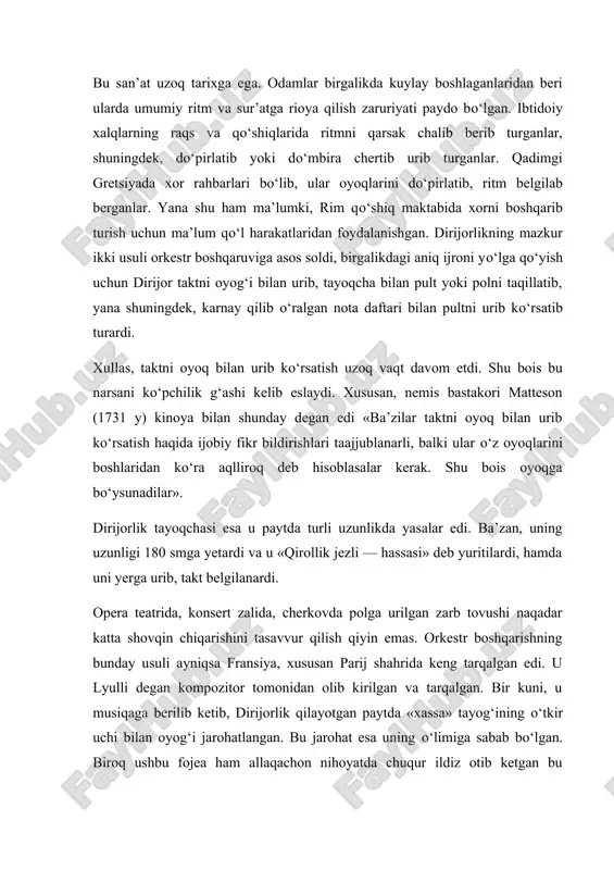 ham allaqachon nihoyatda chuqur ildiz otib ketgan bu an’anaga soya solmadi. bir so‘z bilan aytganda, xvii va xviii asrlarda dirijorlik vazifasini asosan klavesin, organ kabilarni chaluvchi kompozitorlar, ba’zida esa bugun biz orkestr konsertmeysteri deb atab kelayotgan asosiy skripkachi bajarardi. ular asosan o‘zlarining, ba’zida esa o‘zgalarning asarlarini orkestr jo‘rligida ijro etishardi. musiqa san’ati jadallik bilan rivojlana boshlagan davrlarga kelib, ilk bor ahamiyatga molik bo‘lgan operalar paydo bo‘lgan. kompozitorlar turli ansambl hamda ovozlar uchun musiqa yoza boshladilar. ana shunday guruhlar ijrosidagi sur’atning yagona bo‘lishiga erishish uchun bularni boshqarishga ehtiyoj tug‘ildi. yaratgan musiqiy asarlar murakkablashgani sari, qo‘shiqchilarni va orkestrni boshqarishga bo‘lgan ehtiyoj yanada kuchaya bordi. ijroda yakdillik va sur’atga rioya qilish zaruriyati bu muhim vazifani eng mas’ul va malakali musiqachilar zimmalariga yuklashni talab etar edi. bundaylar esa orkestrning birinchi skripkachisi yoki orkestrda uyg‘unlikni ta’minlovchi chembalo partiyasini ijro etuvchi sozandalar bo‘lgan. ba’zan bu vazifani ularning har ikkalasi birgalashib bajarganlar. ya’ni chembalachi yakkaxonlar va xorni …