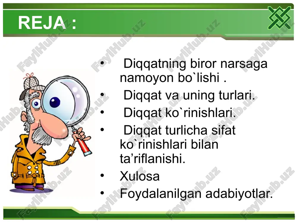 ning eng muhim xususiyati uning tanlaydigan, yo'naltirilgan shakldaligidan iborat. tevarak atrofdagi olamning ko'plab ta'sirlari orasidan kishi hamisha nimanidir idrok etadi, nimanidir faraz qiladi, nima haqidadir fikr yuritadi, o'ylaydi. ongning bu xossasini uning diqqat kabi xususiyati bilan o'zaro bog'liq, deb hisoblaydilar. diqqat diqqat individning emotsional, aqliy yoki harakatlantiruvchi faolligi darajasining oshirilishini taqozo etadigan tarzda ongning yo'naltirilganligi va bir narsaga qaratilganligidir. diqqatni ma'lum obyektga qaratish uchun irodaviy kuch, g'ayrat sarflash zarurati ishga tushayotgan paytda, binobarin, qiyinchiliklar paydo bo'lganida, bilishga oid qiziqish susayganida va, shuningdek to'siqlar mavjud bo'lgan kezlarda aniq-ravshan namoyon bo'ladi. ixtiyorsiz diqqat kishining anglashilgan niyatlari va maqsadlaridan mustasno tarzda hosil bo'ladi va qo'llab-quvvatlanadi. ixtiyorsiz diqqatning paydo bo'lishi jismoniy, psixofiziologik va psixik omillar bilan belgilanadi. hosil bo'lish xususiyatiga va amal qilish usullariga ko'ra diqqat- ning ikkita asosiy turi mavjud: ixtiyorsiz diqqat; ixtiyoriy diqqat. ixtiyoriy diqqat ongli ravishda boshqariladigan va tartibga solina- digan diqqat-e'tibordir. ixtiyoriy diqqat ixtiyorsiz diqqat zamirida hosil bo'ladi. ixtiyoriy diqqat …