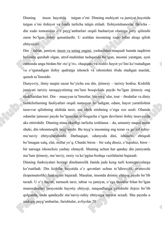 lik) funksiyani bajaradi. masalan, insonda doimiy ehtiyoj paydo bo’lib turadi. u o’z hayoti, turmush tarzi, tabiat va jamiyat, o’zga insonlar bilan bo’lgan munosabatlari jarayonida hayotiy ehtiyoji, maqsadlariga yetishishi ilojsiz bo’lib qolganda, unda qandaydir ma’naviy-ruhiy ehtiyojga zarurat sezadi. shu paytda u xudoga, payg’ambarlar, farishtalar, avliyolar 20 ajdodlarining ruhlariga murojaat» qilib, ishonch bilan ulardan madad so’raydi va ko’nglida «xudo xohlasa yaxshi bo’ladi, dunyo baumed» deb, o’ziga tasalli beradi, o’zini ruhiy-ma’naviy tinchitadi. dinning to’ldiruvchanlik funksiyasi uning ijtimoiyligida eng asosiy vazifa hisoblanadi va shu bois din o’tmishda ham, hozirda ham jamiyat a’zolari hayotida mustahkam o’rin egallagan. shu sababdan dindorlar va dindor bo’lmagan odamlar ham dinning kompensatorlik kuchiga ishonadilar, o’zlariga ma’naviy-ruxiy taskin berib qurbonlik qiladilar, chiroq yoqadilar, muqaddas joylarga ziyoratga boradilar, sadaqa beradilar va hokazo. ya’ni din insonlar hayotida ma’naviy-ruhiy kuch, odamlarning irodasini, iymonini baquvvat qiladigan omil sifatida jamiyatda xizmat qiladi. hozirgi zamon dinshunoslik fanida dinning kompensatorlik funksiyasini bayon qilishda mutaxassislar har xil yondashib, uni …