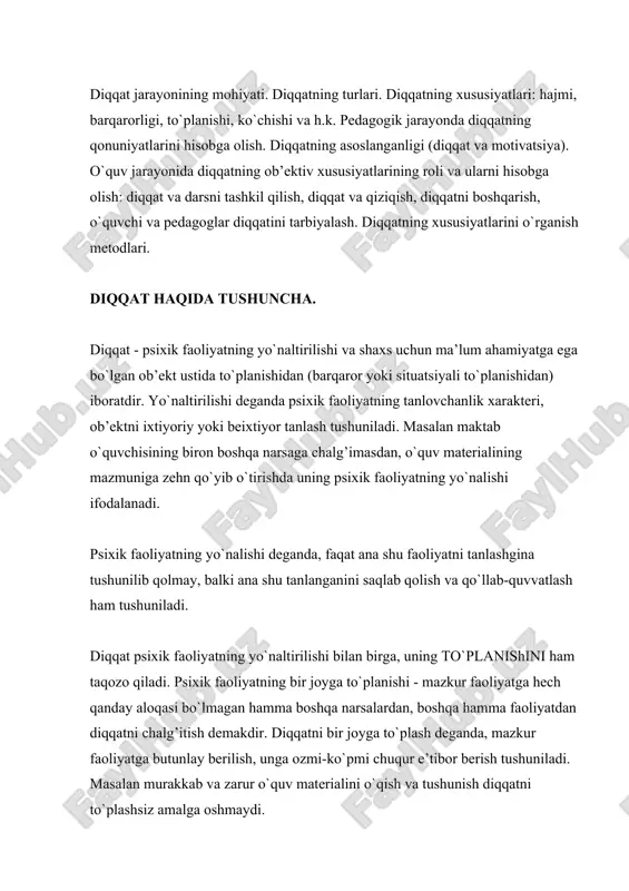 b’ekt (organizm) uchun ahamiyatli bo`lgan qo`zg’atuvchilarni ajratishni, psixik faoliyatning yo`nalganligini ta’minlaydi. bunday yo`naltirilishga orientasiya (tushunib olish) refleksini misol qilib keltirish mumkin. har qanday yangi qo`zg’atuvchi (agar u yetarli darajada kuchli bo`lsa) bu refleksni, i.p.pavlov aytganidek, "nima u" degan refleksni keltirib chiqaradi. bu sodda turdagi diqqatning fiziologik asosidir. tadqiqotlarning ko`rsatishicha, orientatsiya (tushunib olish) refleksi paydo bo`lgan paytda xuddi uyqudan uyg’onib bedorlikka o`tishdagidek o`zgarish hosil bo`ladi. i.p.pavlov tomonidan kashf qilingan nerv jarayonlarining induksiyasi qonuni diqqatning fiziologik asoslarini tushunib olish uchun muhim ahamiyatga ega. nerv jarayonlarining induksiyasi qonuniga asosan bosh miya po`stining bir joyida maydonga kelgan qo`zg’alish jarayonlari bosh miya po`stining boshqa joylarida tormozlanish jarayonlarini yuzaga keltiradi. va aksincha bosh miya po`stining bir joyida yuzaga kelgan tormozlanish jarayoni bosh miya po`stining boshqa joyida kuchli qo`zg’alishni yuzaga keltiradi. a.a.uxtomskiy tomonidan ilgari surilgan dominantlik printsipi ham diqqatning fiziologik asoslarini tushunishda muhim rol o`ynaydi. bu printsipga asosan, miyada qo`zg’alishning har doim ustun turadigan hukmron uchog’i mavjud, …