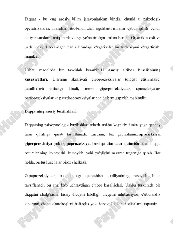 siya belgilariga to'g'ri keladigan, ammo shunga qaramay, e'tibordagi haqiqiy o'zgarishlarni nazarda tutmaydigan holatlarga murojaat qilish uchun ishlatiladi. a) ha, pseudoaprosexias histerik va simulyatsiya kontekstida tuzilgan, asosan. 3. giperproseksiya giperproseksiya haqida biz ongni vaqtincha o'zgartirish (manikoz epizodlari yoki giyohvand moddalarni iste'mol qilish natijasida kelib chiqqan holda) doirasida kuchayib borishi va / yoki haddan tashqari diqqat markazida bo'lib, tez-tez gipervigilans va giperluktsiya bilan birga bo'lamiz. gipoprosexiya singari, e'tiborni beqarorlashtiradi va ishlashni yomonlashtiradi. 4. paraprozeksiya ushbu tushuncha ikki xil tartibsizliklarni tavsiflash uchun ishlatiladi. karl yaspers haqida gapirdi paraprosexiya e'tiborning g'ayritabiiy yo'nalishi sifatida gipoxondriya kabi kasalliklarda paydo bo'ladigan, ba'zi jismoniy belgilarga nisbatan haddan tashqari tashvish ularni kuchaytirishi mumkin. boshqa mualliflar paraprozeksiyani diqqat beqarorligiga o'xshash deb hisoblashadi. 5. chalg'ituvchanlik diqqat etishmovchiligining giperaktivligi buzilishi, manik epizodlar yoki epilepsiyaga xos bo'lgan alacakaranlık holatlari kabi psixopatologik kontekstlarda diqqat markazida beqarorlik mavjud. shu ma'noda, chalg'itish bu gipoprozeksiyaning bir turi, biz eslatib o'tadigan boshqa o'zgarishlar kabi. · tegishli maqola: "alacakaranlık …