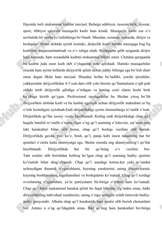 hini, tugallanishini va boshqalarni ko’rsatadi. chap qo’l xordagi ovozlarning o’zgarishini, ya’ni partiyalarni bir-biriga o’tishini ham ko’rsatadi. chap qo’l bilan mukammal harakat qilish bu faqat bilimlar yig’indisi emas, balki dirijyorlikning individual xarakterini, uning o’ziga xosligini ochib beruvchi badiiy- ijodiy jarayondir. albatta chap qo’l harakatida ham usulni olib borish elementlari bor. ammo u o’ng qo’ldagidek emas. ikki qo’lnig ham harakatlari bir-biriga bog’liq bo’lmagan holda davom etadi. o’ng qo’l asar dinamikasiga monand katta yoki kichik masofadagi harakatda asarning sur’atini olib borsa, chap qo’l o’ng qo’lga yordamchi bo’lib, musiqada o’ng qo’l ko’rsatmaydigan badiiy va emotsional tomonlarini ochib beradi. chap qo’l va o’ng qo’lning barcha harakatlari bitta maqsad yo’lida ya’ni ijro etilayotgan musiqaning juda yuksak to’liq ifodalilikka erishish yo’lida harakat qilishadi. dinamika - agar o’ng qo’l uchun taktirovkaning uch xil asosiy yuqorilik me’yori mavjud bo’lsa, chap qo’l esa o’lchab bo’lmaydigan nisbatan keng diapazonga ega. chap qo’lning asardagi dinamikalarini ko’rsatishning holatlarini alohida-alohida ko’rib chiqamiz.fortessimo. gavda oldida …