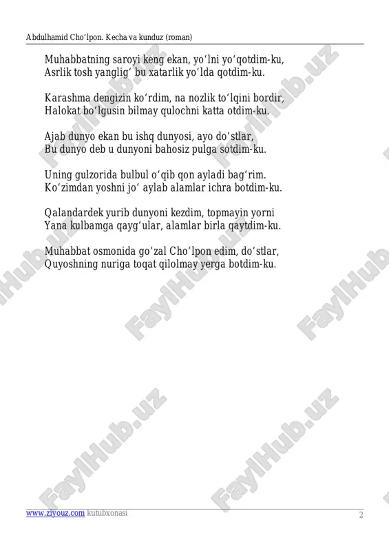 beradi. bultur ekilib, ko‘p qoshlarni qoraytirgan o‘sma ildizidan yana bosh ko‘tarib chiqdi... muloyim qo‘llarda ivib, suvga aylangandan keyin go‘zal ko‘zlarning supasida yonboshlashni muncha yaxshi ko‘rar ekan bu ko‘kat! erkaklarning gullik do‘ppisiga tegmay, yalang ayollar bilan, ularning sochlari, gajaklari va ro‘mol popuklari bilan hazillashib o‘ynagan salqin shabada... ko‘klam nash’asi bilan sho‘xlik qiladi. hayot nega bu qadar go‘zal va shirin bo‘ladi bahorda? * * * zebi (zebinisa)ning qish ichi siqilib, zanglab chiqqan, ko‘ngli bahorning iliq hovuri bilan ochila tushgan; endi, ustiga poxol to‘shalgan aravada bo‘lsa ham, allaqaylarga, dala-qirlarga chiqib yayrashni tusay boshlagan edi. qish ichi ham keti uzilmagan sovchilar bir-ikki haftadan beri kelishdan to‘xtaganlar, endi tashqari eshikning «g‘iyt» etishi — bir- ikki ayolning astagina bosib, paranjisini sudrab kirib kelishiga dalolat qilmas, hali endigina o‘n beshga qadam qo‘ygan bu yosh qizning go‘dak ko‘nglini uncha cho‘chitmas edi. abdulhamid cho‘lpon. kecha va kunduz (roman) www.ziyouz.com kutubxonasi 4 ko‘k terish bahonasi bilan bir-ikki marta keng hovlilarga, …