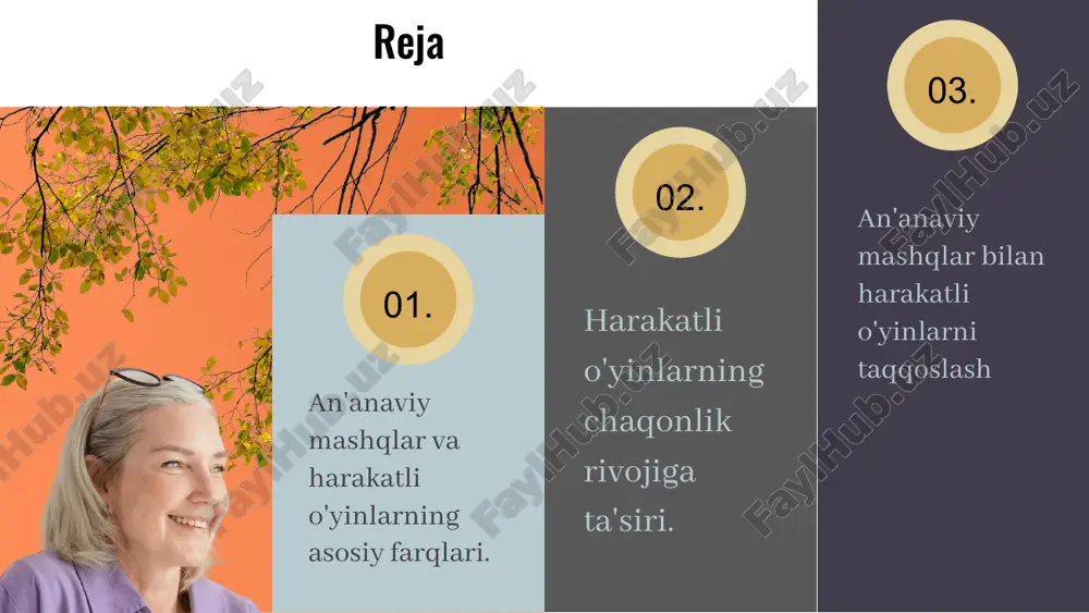 ga jalb qiladi, moslashuvchanlik va jismoniy tayyorgarlikni oshiradi. o'qituvchilar uchun tavsiyalar: qulay muhit yaratish, yoshga mos mashqlar tanlash va o'yinlarni interaktiv qilish. ijtimoiy va psixologik ta'sirlar an'anaviy mashqlar va harakatli o'yinlar jamoaviy ruh va hamkorlikni kuchaytiradi, ijtimoiy bog'lanishni rivojlantiradi. harakatli o'yinlar motivatsiya va psixologik farovonlikni oshiradi, o'ziga bo'lgan ishonchni kuchaytiradi va stressni kamaytiradi. jamoaviy harakatlar insonlar hurmatini, hamkorlik qobiliyatini va muhitga moslashuvchanlikni rivojlantiradi, ijtimoiy muhitni yaxshilaydi. kelajak istiqbollari kelajakda an'anaviy mashqlar va harakatli o'yinlar texnologiya yutuqlari bilan rivojlanadi, masalan virtual haqiqat va interaktiv o'yinlar. yangi rivojlanish yo'nalishlari shaxsiy va guruh usullari, shaxsiylashtirilgan dasturlar, va sog'liq sohasida keng qo'llanilmoqda, yoshlarga qiziqish ortmoqda. sun'iy intellekt bilan an'anaviy mashqlar va harakatli o'yinlar integratsiyalashib, samaradorlikni oshiradi va jamiyat farovonligini ta'minlaydi. harakatli o'yinlar chaqonlik rivojlanishida muhim rol o'ynaydi. ular jismoniy ko'nikmalarni, muvozanat va koordinatsiya qobiliyatlarini rivojlantiradi, ijtimoiy va emotsional rivojlanishga yordam beradi. misollar: yugurish, sakrash. ilmiy tadqiqotlar harakatli o'yinlarning bolalarda muammo hal qilish va o'z-o'zini …