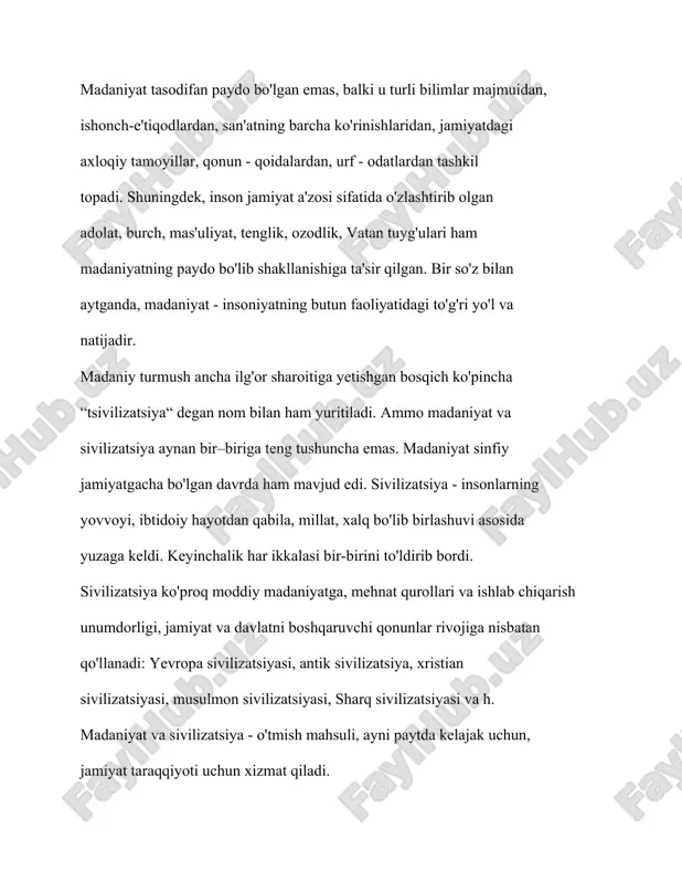 'llanadi: yevropa sivilizatsiyasi, antik sivilizatsiya, xristian sivilizatsiyasi, musulmon sivilizatsiyasi, sharq sivilizatsiyasi va h. madaniyat va sivilizatsiya - o'tmish mahsuli, ayni paytda kelajak uchun, jamiyat taraqqiyoti uchun xizmat qiladi. madaniyat insoniyatning moddiy, aqliy, siyosiy, badiiy faoliyati sifatida yuzaga keldi. inson yovvoyi hayotdan sivilizatsiyalashgan hayotga o'tganda, madaniyat taraqqiy eta bordi. ibtidoiy madaniyat davrini ba'zi olimlar jamiyat davri deb ham ataydilar. insoniyat madaniyatni shakllantirib, rivojlantira borar ekan, yakka shaxsning va butun jamiyatning axloqiy tamoyillarini, baxt - saodatga erishish yo'l - yo'riqlarini topishga intiladi. madaniyat turli mamlakatlarda turlicha shaklda namoyon bo'ladi. ammo qay shaklda bo'lmasin, inson sivilizatsiyani tadrijiy ravishda o'rganib, o'zlashtirib borishga moyildir. masalan, qadimgi misr, xindiston, eron, yunoniston va rimda sivilizatsiya ilk bor madaniyatning shakllanishiga va dunyo madaniyati rivojiga zamin bo'ldi. nima uchun qadimiyroq sharq mamlakatlari emas, aynan yunoniston va rim davlatlari madaniyat beshigi bo'ldi, aynan boshqa mamlakatlarda emas?-degan savol tug'iladi. chunki aqliy va badiiy tafakkur ilk bor yunoniston va rimda shakllandi. lekin …