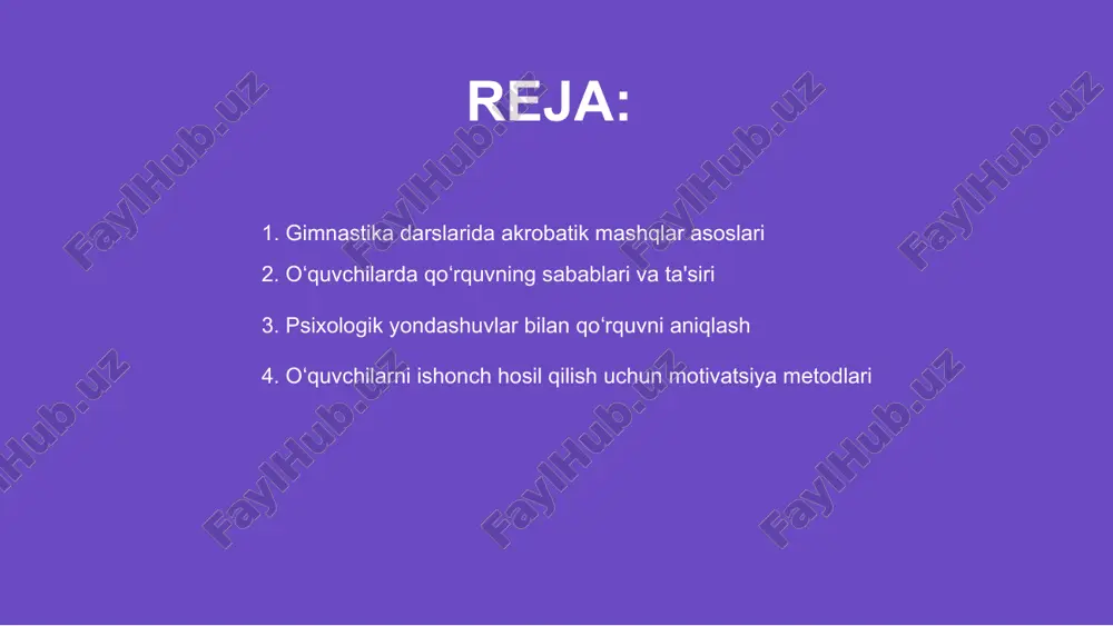 ondashuvlar bilan qoʻrquvni aniqlash gimnastika darslarida akrobatik mashqlarni oʻrgatishda oʻquvchilarning qôrquvini yengish uchun motivatsiya va qoʻllab-quvvatlash muhim ahamiyatga ega. sharmaqchilar ishonch hosil qilishlari uchun ijobiy fikrlar va ragʻbatlar beriladi. psixologik pedagogik usullar yordamida oʻquvchilarda ishonch hosil qilish va oʻz-oʻzini baholash rivojlanadi. bu esa oʻquv jarayoniga qatnashishni kuchaytiradi va xavotirni kamaytiradi. motivatsiya metodlari orqali oʻquvchilarni ragʻbatlantirish, muvaffaqiyatga erishish uchun shaxsiy qobiliyatlarini rivojlantirishga yordam beradi. bu esa muvaffaqiyatli xarakatlar va xavfsizlikni taʼminlaydi. oʻquvchilarni ishonch hosil qilish uchun motivatsiya metodlari 01 gimnastika darslarida akrobatik mashqlarni oʻrgatishda oʻquvchilarning qôrquvini yengishda psixologik yordam muhimdir, motivatsiya va ishonchni oshirish kerak. 02 pedagogik usullar bilan xavfsizlikni taʼminlash uchun nazoratli muhit yaratish, amaliy ko‘rsatmalar va individual yondashuvlarni qo‘llash muhim ahamiyatga ega. 03 o‘quvchilarga muvaffaqiyatga erishish uchun ijobiy fikrlashni rivojlantirish, qo‘llab-quvvatlash va motivatsiya bilan qôrquvni bartaraf qilishda yordam beriladi. pedagogik usullar bilan xavfsizlikni taʼminlash gimnastika darslarida akrobatik mashqlarni oʻrgatishda oʻquvchilarda yuzaga keladigan qoʻrquvni yengish uchun motivatsiya va ishonch yaratish …