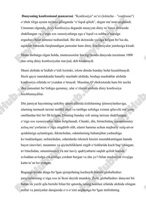 sh mumkin. zero, globallashuv dunyoni bir butun va yaxlit qila borishi bilan bir qatorda, uning hosilasi sifatida alohida olingan millat va jamiyatlar darajasida o‘z-o‘zini anglashga bo‘lgan intilishning chuqurlashuviga ham zamin yaratmoqda. bu jarayonlar o‘z navbatida inson ma’naviyatining uzviy qismi bo‘lgan dinning mohiyatini tushunish, uning inson va jamiyat hayotidagi o‘rnini anglashga bo‘lgan e’tiborning kuchayishini keltirib chiqarmoqda. shu bilan birga, dinga bo‘lgan qiziqishning kuchayishi bugungi kunda kishilik jamiyati oldida turgan muammolar, insonning ularni hal qilish yo‘llari haqidagi o‘y-izlanishlari, dunyoviy va diniy qadriyatlar uyg‘unligini ta’minlagan holda bugungi kunning og‘ir va murakkab savollariga to‘laqonli javob topishga intilishi bilan bog‘liq ekanini ham alohida qayd etish lozim. mutaxassislar ma’lumotlariga ko‘ra, xx asrning ikkinchi yarmida xristianlik, buddaviylik, islom va boshqa dinlar doirasida yuzlab sektalar paydo bo‘lgan. bu shunday jarayonlar kelajakda davom etishi mumkinligini taxmin qilish imkonini beradi. yangi diniy harakatlar deganda odatda xx asrning 70 yillarida evropa va aqshda tarqalgan noan’anaviy diniy guruhlar va oqimlar nazarda tutiladi. …