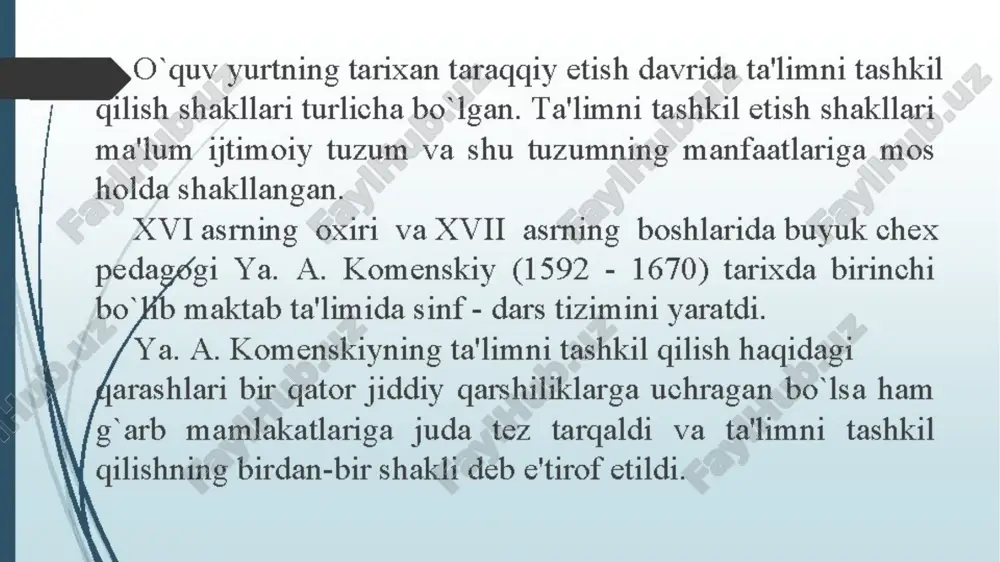 shakllarining turlari odatda individual, guruhli, frontal, shuningdek, juftliklarga bo'linadi. ta'limning individual shakli o'qituvchi va bitta talabaning o'zaro ta'sirini o'z ichiga oladi. ta'limning guruh shakllarida talabalar turli asoslarda tuzilgan guruhlarda ishlaydi. o'qitishning frontal shakli o'qituvchining barcha talabalar bilan bir vaqtning o'zida bir xil tezlikda va umumiy vazifalar bilan ishlashini o'z ichiga oladi. juftlashgan ta'limda asosiy o'zaro ta'sir ikki o'quvchi o'rtasida sodir bo'ladi. guruh – jismoniy tarbiya darslarida o‘quvchilarning bir necha guruhi ishlaydi. umumiy ish kichik guruhlar bilan olib boriladi. o‘quvchilarni uyushtirish shaklini tanlash, ularning yoshiga ta’lim-tarbiyaviy vazifalar xarakteri hamda o‘quv materialining mazmuniga bog‘liq bo‘ladi. bunda guruh tarkibini o‘zgartirib turish kerak. frontal shakl sinfdagi barcha o'quvchilar o'qituvchining bevosita nazorati ostida umumiy vazifani bajaradilar. shu bilan birga, o'qituvchi butun sinf bilan bir xil tezlikda ishlaydi. aytish, tushuntirish, ko'rsatish va ostida u bir vaqtning o'zida barcha ishtirokchilarga ta'sir o'tkazishga intiladi. juftlik shakli ikki talaba birgalikda ba'zi ishlarni bajaradi. juftlikda ishlash o‘quvchilarga fikr yuritish va …