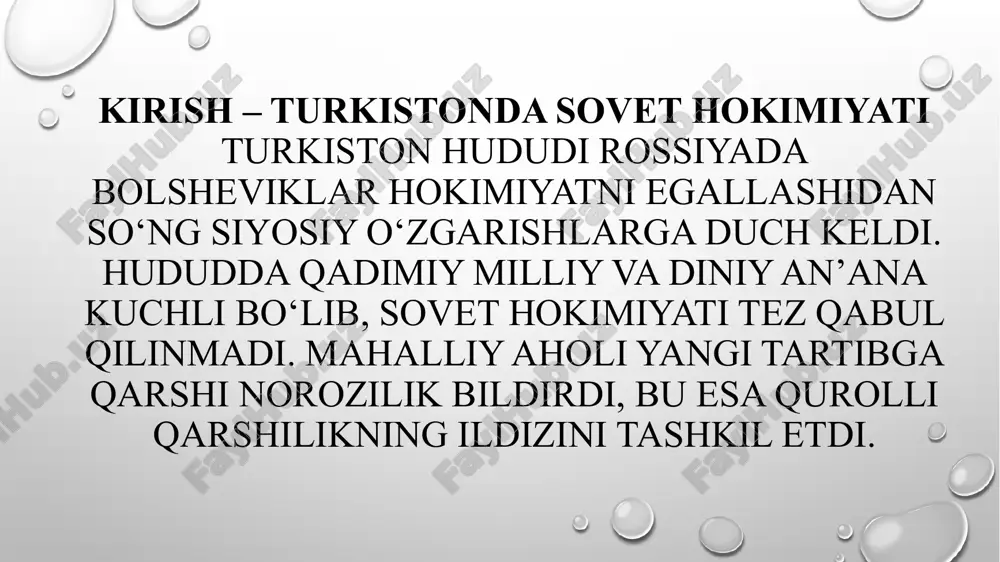norozilik ko‘plab odamlarni harakatga chorladi. sovet hukumati tomonidan kurash qizil armiya basmachilikni bostirishga qaratilgan maxsus operatsiyalarni amalga oshirdi. sovet hukumati hududni nazorat qilish uchun maxsus politsiya va harbiy bo‘linmalarni joylashtirdi. mahalliy qo‘mitalar orqali soliq yig‘ish va qonunlarni tatbiq etish boshlandi. 1918–1920 yillardagi asosiy harakatlar 1918 yilda basmachilar birinchi yirik hujumlarni amalga oshirdi. sovet hokimiyati ba’zi hududlarni nazorat qilsa-da, farg‘ona vodiysi va toshkent atrofida qarshilik kuchli edi. bu davr harakatning eng faol va tarqoq bosqichi sifatida tarixga kirgan. harakatning rivojlanishi basmachilar o‘z hududlarida boshqaruv tizimini yaratishga harakat qildi. soliq yig‘ish, sud va mahalliy qo‘mitalar faoliyati tashkil etildi. harakat bo‘linmalarga bo‘lingan va hududiy yetakchilar tomonidan boshqarilgan, shuningdek, mahalliy aholining ko‘pchiligi harakatga qo‘shilgan. xalqaro kontekst turkistondagi harakat rossiya inqilobi va boshqa hududlardagi sovetga qarshi qarshilik bilan bog‘liq edi. ba’zi davlatlar, xususan britaniya va turkiya, basmachilarni moliyaviy va siyosiy qo‘llab-quvvatladi. bu holat hududdagi siyosiy vaziyatni murakkablashtirdi va harakatning davomiyligini ta’minladi. sovet hokimiyati tomonidan bostirilishi …