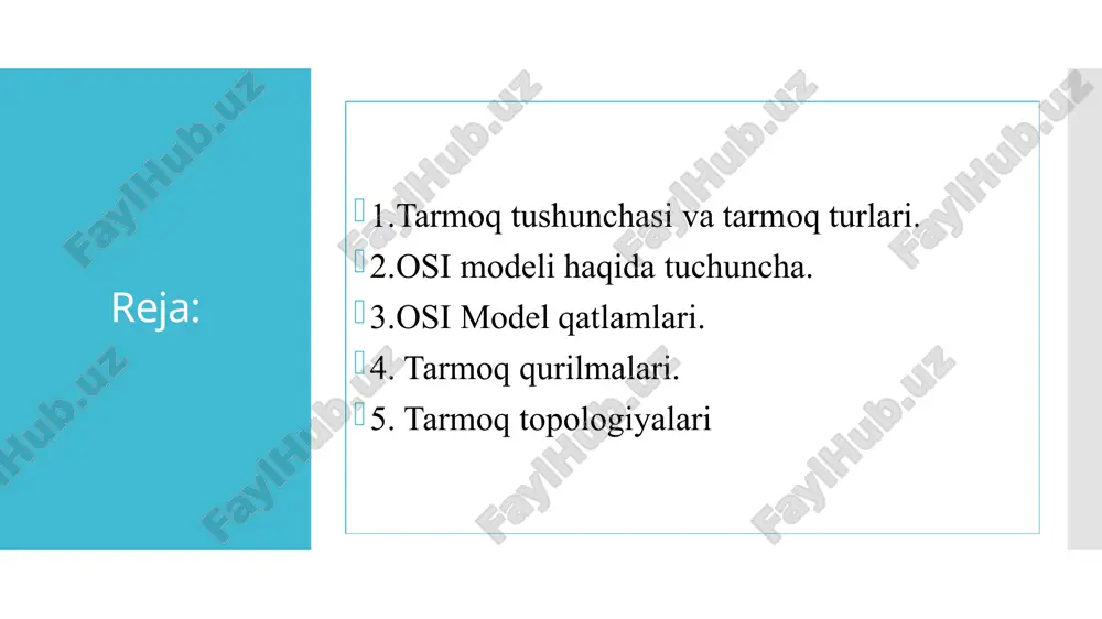 simlar yoki radio signallari orqali uzatiladi. vazifasi usb, koaksial kabellar, optic kabellar orqali signal uzatish orqali ishaydi. osi model qatlamlari ulanish nuqtasi yoki kanal sathi(data link layer)- malumotlarni kadr (frame) larga ajratib uzatish va fizik (mac – media access controll) manzillarni boshqarishdan iborat. tarmoq qatlami (network layer) - har-xil texnologiyali tarmoqlarni bir- biri bilan kelishib ishlashini ta‘min laydi. tarmoq sathi xabarlari paketlar deb ataladi. transport qatlami (transport layer) bo'lib, u ma'lumotlarni manba va maqsad qurilmalari o'rtasida ishonchli uzatishni ta'minlaydi. transport qatlami tarmoqdagi qurilmalarning bir-biri bilan samarali va uzluksiz aloqa qilishini ta'minlash uchun segmentatsiya, oqimni boshqarish, xatoliklarni tuzatish va paketlarni qayta yig'ish kabi vazifalarni bajaradi. osi model qatlamlari seanslar qatlami(sessions layer) - bu sath dialogni boshqarishni ta’minlaydi, tomonlardan qaysi biri hozirda faol ekanligini aniqlab borish vazifasini bajaradi va ishlash jarayonini bir-biriga moslashtirish (sinxronlash) vositalarini taqdim etadi. osi model qatlamlari taqdimot qatlami (presentation layer)-ushbu qatlamning asosiy vazifasi — yuqori darajadagi ma'lumotlarni tarmoqqa …