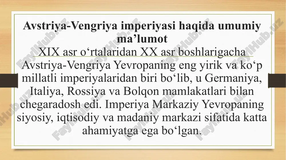 at yaratgan bo‘lsa-da, siyosiy kelishmovchiliklarga ham sabab bo‘lgan. millatlararo ziddiyatlar va siyosiy beqarorlik turli millatlarning mustaqillikka intilishi imperiyada keskin siyosiy ziddiyatlarni keltirib chiqardi. chexlar, slovenlar, serblar, xorvatlar va boshqalar teng huquqli bo‘lishni talab qildilar. bu ichki siyosiy beqarorlikning kuchayishiga sabab bo‘ldi. tashqi siyosat va xalqaro munosabatlar avstriya-vengriya germaniya bilan mustahkam ittifoq o‘rnatdi (1879-yil dvoy ittifoq). u bolqon yarim orolida o‘z ta’sirini kuchaytirishga harakat qildi. bu esa rossiya imperiyasi bilan raqobatni kuchaytirib, keyinchalik urush xavfini oshirdi. harbiy kuch va mudofaa siyosati imperiya armiyasi ko‘p millatli bo‘lib, zamonaviy qurollar bilan ta’minlanishga harakat qilindi. ammo milliy ziddiyatlar harbiy kuchning ichki birligini zaiflashtirdi. shunga qaramay, avstriya-vengriya yevropaning asosiy harbiy kuchlaridan biri hisoblangan. xx asr boshidagi ichki siyosiy inqirozlar xx asr boshlariga kelib, iqtisodiy va siyosiy muammolar ortdi. milliy harakatlar kuchaydi, hukumat esa ularni bostirishga urinib, keskin choralar ko‘rdi. monarxiya ichida ham avstriya va vengriya o‘rtasida manfaat to‘qnashuvlari kuchayib bordi. sarayevo voqeasi va birinchi jahon …