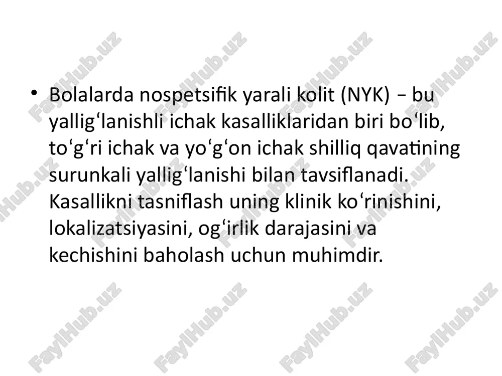 hit omillari: oziqlanish odatlari: ratsionda tolalar yetishmasligi yoki ko‘p miqdorda shakar va yog‘ iste'mol qilish kasallik xavfini oshirishi mumkin. infeksiyalar: bolalikdagi ichak infeksiyalari, masalan, clostridium difficile, escherichia coli kabi patogenlar yallig‘lanish jarayonini qo‘zg‘atishi mumkin. dori vositalari: antibiotiklar, nonsteroid yallig‘lanishga qarshi dorilar (masalan, ibuprofen) va kontratseptivlar ichak shilliq qavatiga zarar yetkazishi mumkin. 4. psixosomatik omillar: stress va emotsional zo‘riqish immun tizimiga salbiy ta'sir ko‘rsatib, kasallikni kuchaytirishi mumkin. 5. autoimmun mexanizmlar: nyk autoimmun kasallik hisoblanadi, bunda organizm o‘z to‘qimalarini (shilliq qavat hujayralari) "begona" sifatida tanib, ularga qarshi immun javob ishlab chiqaradi. nospetsifik yarali kolit (nyk) patogenezi, ya'ni bu kasallikning rivojlanish mexanizmlari, murakkab va ko‘p bosqichli jarayonlardan iborat. kasallikning asosi ichak shilliq qavatining surunkali yallig‘lanishi va immun tizimining noto‘g‘ri javobi bo‘lib, bir nechta mexanizmlar birgalikda kasallikni keltirib chiqaradi: 1. immun tizimining buzilishi: immun javobning noto‘g‘ri shakllanishi: nyk bo‘lgan bemorlarda organizmning immun tizimi ichak shilliq qavati hujayralariga hujum qiladi, bu esa yallig‘lanish jarayonini boshlaydi. …