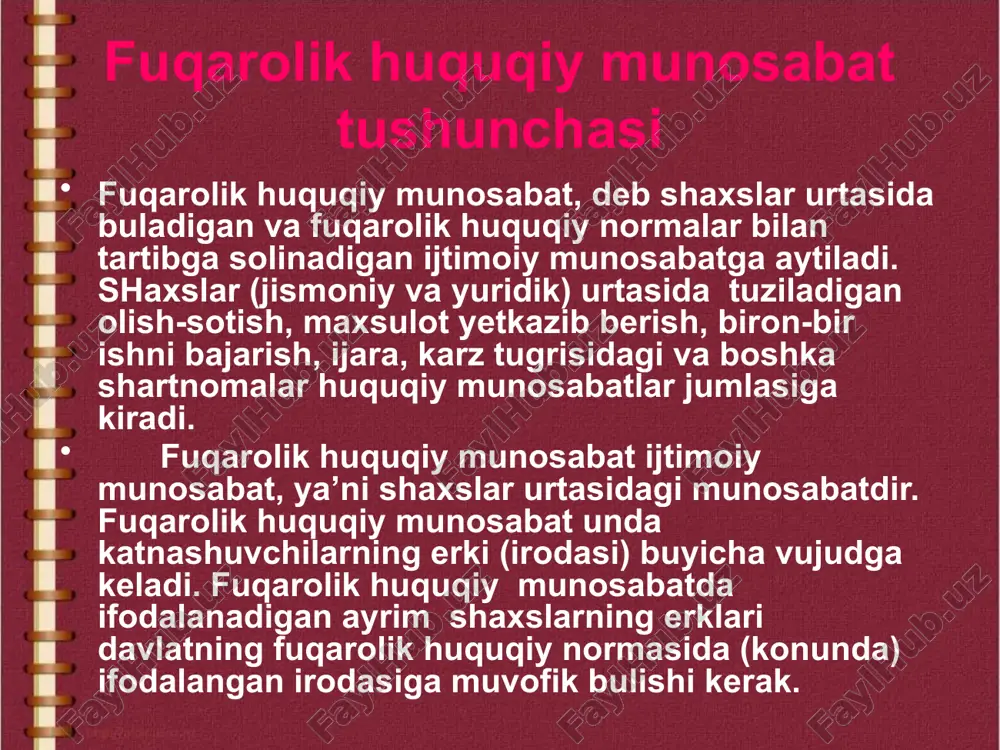 arolar va tashkilotlar (ya’ni yuridik shaxs huquqiga ega bulgan korxonalar, muassasalar, jamoa xujaligi, kooperativ va boshka tashkilotlard xamda ularning birlashmalari)dir. davlat xam fuqarolik huquqiy munosabat ishtirokchisi bula oladi. fuqarolik huquqiy munosabatda katnashuvchi shaxslar fuqarolik huquqiy layokatiga, ya’ni fuqarolik huquqlari va burchlariga ega bulish layokatiga molik bulishlari lozim. fuqarolik huquqiy munosabatning mazmunini shu munosabatda katnashuvchi shaxslarning sub’ektiv huquqlari va burchlari tashkil etadi. sub’ektiv huquq deyilganda, muayyan huquqiy munosabatda katnashuvchi shaxsga tegishli huquq tushuniladi. sub’ektiv huquqlar ob’ektiv huquq normalari, ya’ni davlat tomonidan belgilangan umumiy koidalar asosida vujudga keladi va ularga muvofik ravishda amalga oshiriladi. sub’ektiv huquqlar uz egasiga konun bilan yul kuyilgan davrlarda uz xoxishi va ixtiyori bilan xarakat kilish imkoniyatini beradi. boshkacha kilib aytganda, sub’ektiv huquq sub’ektga uz erkini amalga oshirish va uz manfaatlarini kondirish imkoniyatini beradigan munosabatlarni vujudga keltiradi. sub’ektiv huquq ikkinchi tomondan, huquqka ega bulgan shaxsning boshka shaxslardan uz huquqining buzulmasligini talab kilish imkoniyatini nazarda tutadi. masalan, mulk egasining …