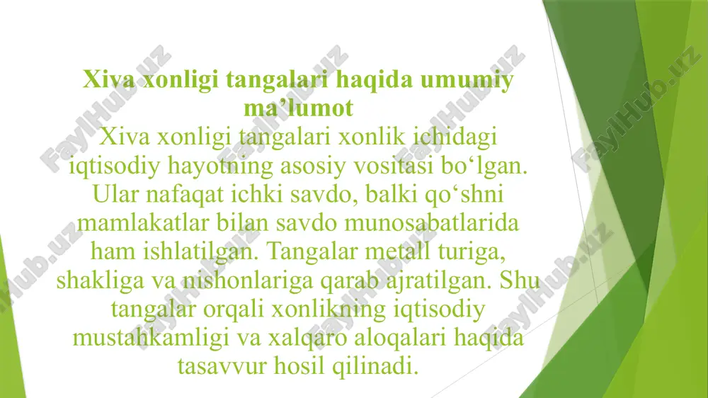 u tangalar xiva xonligining san’atini va hunarmandchilik darajasini ko‘rsatadi. tangalar iqtisodiy hayotdagi roli tangalar xonlik ichidagi tovar va xizmat almashinuvi, soliqlar yig‘ish va davlat xarajatlarini amalga oshirishda asosiy vosita bo‘lgan. shu tangalar orqali xonlikning moliyaviy tizimi va iqtisodiy barqarorligi saqlangan. savdo va xalqaro aloqalarda ishlatilishi xiva tangalari qo‘shni hududlar, masalan buxoro, qo‘qon, toshkent va eron bilan savdoda keng ishlatilgan. oltin va kumush tangalar xalqaro savdo vositasi sifatida qabul qilingan. shu tariqa xonlikning iqtisodiy ta’siri hududiy va mintaqaviy darajada kengaygan. tangalarni ishlab chiqarish texnologiyasi tangalar qo‘lda zarb qilish yoki matritsa yordamida yasalgan. metallni eritib, qolipga solish va yuqori bosim bilan zarb qilish orqali tanga tayyorlangan. har bir tanga yuqori aniqlik bilan tayyorlangan, bu esa uning qiymatini oshirgan. tangalar qiymati va almashuv tizimi oltin tangalar eng yuqori qiymatga ega bo‘lib, katta xarid va moliyaviy operatsiyalarda ishlatilgan. kumush tangalar o‘rta, mis tangalar esa kichik xaridlar uchun ishlatilgan. shu tizim orqali tangalar ichki iqtisodiy …