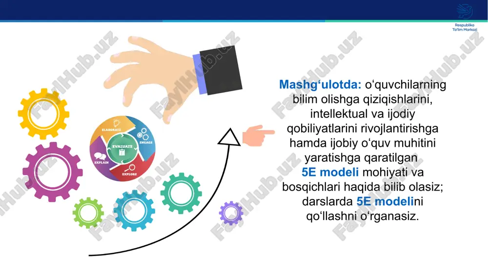 bir o‘quvchiga sinfdoshlarining kuzatishlari va dastlabki tushuntirishlarini tinglashga, shuningdek, darsning keyingi bosqichiga tayyorgarlik ko‘rishga imkon beradi. 3-bosqich. tushuntirish – explanation o‘qituvchi o‘quvchilardan avvalgi bosqichlarda nimani o‘rgangani va kuzatganini tushuntirishni so‘raydi. o‘quvchilar ilmiy tushunchalarni yaxshiroq o‘zlashtirishlari uchun darsda nafaqat verbal, balki video, audio materiallardan foydalanish maqsadga muvofiq. o‘quvchilar avvalgi bosqichlarda egallagan bilimlarini ushbu bosqichda darhol qo‘llay olmasa, o‘qituvchi xavotirga tushmasligi kerak, chunki ilmiy tushunchalarni o‘zlashtirish vaqt talab etadi. o‘qituvchi ilmiy tushunchalar mazmunini kengroq yoritib berishi lozim. 4-bosqich. qo‘llash–elaboration o‘quvchilar mavzuga oid ilmiy tushunchalar va ko‘nikmalarni notanish vaziyatda qo‘llaydilar. o‘quvchilar tadqiq etish va tushuntirish bosqichlarida egallagan bilim va ko‘nikmalarini qo‘llaydi va rivojlantiradi. ushbu bosqichda fanlararo integratsiyani ta’minlash maqsadga muvofiq. tabiiy fanlarni matematika, san’at, texnologiya va boshqa fanlar bilan bog‘liq holda o‘rganish ilmiy tushunchalarni yaxshiroq o‘zlashtirishga imkon beradi. 4-bosqich natijasi: o‘quvchilar ilmiy tushuncha va ko‘nikmalarni yaxshiroq o‘zlashtiradi. 4-bosqich. qo‘llash–elaboration 4-bosqich. qo‘llash–elaboration formativ baholash kuzatish yoki qisqa savol-javob ko‘rinishida amalga oshirilishi mumkin. 5-bosqichi natijasi: …