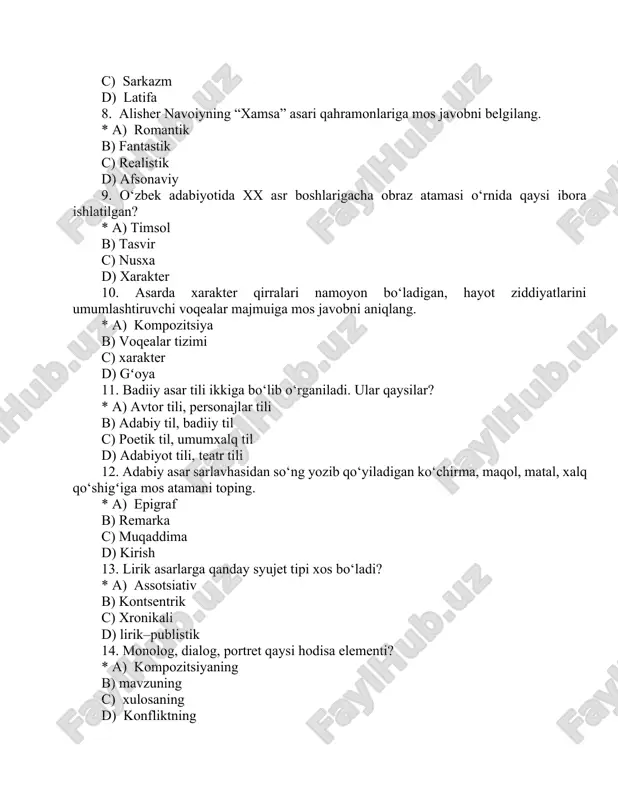 mani toping. * a) epigraf b) remarka c) muqaddima d) kirish 13. lirik asarlarga qanday syujet tipi xos bo‘ladi? * a) assotsiativ b) kontsentrik c) xronikali d) lirik–publistik 14. monolog, dialog, portret qaysi hodisa elementi? * a) kompozitsiyaning b) mavzuning c) xulosaning d) konfliktning 15. badiiy asar syujetida konflikt va harakatning paydo bo‘lishi, boshlanishiga sabab bo‘ladigan voqeaning elementi qaysi? * a) tugun b) kulminatsiya c) ekspozitsuya d) voqealar rivoji 16. tragediyaga berilgan mukammal ta’rifni toping. * a) dramatik tur janri bo‘lib, unda kishilarning fojeaviy hayotlari o‘ta bo‘rttirib ko‘rsatiladi. b) she'riy yo‘lda yaratilib, yumor usuli bilan hayotdagi noto ‘g`rilik fosh qilinadi c) jamiyat va kishilar o ‘rtasidagi to ‘qnashuvlar keng epik turda ochib beriladi d) komik obrazlar ishtirok etsa tragediya bo‘ladi 17. «tushuntirish» ma’nosini anglatuvchi syujet unsurini aniqlang? * a) ekspozitsiya b) tugun c) prolog d) epilog 18. adabiyotshunoslikning predmeti… * a) badiiy adabiyot b) falsafa c) tarix d) san’at 19.san’at …