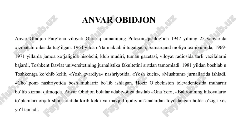 dahshatli meshpalvon anvar obidjonning “dahshatli meshpalvon” asari — nasriy, fantastik-satirik ertak bo‘lib, 1980-yillar oxirida yaratilgan. asarda haddan tashqari mag‘rurlik, manmanlik va kibr oqibatlari kulgili, ammo ibratli tarzda tasvirlanadi. bosh qahramon meshpalvon — g‘ayritabiiy kuchli, ammo aqlsiz va o‘ziga haddan ortiq ishonuvchi kishi. u o‘z kuchini maqtanishga sarflab, oxir-oqibat kulgili va achinarli holga tushadi. muallif xayoliy qishloq hayotini xalqona so‘zlar, yumor va satira orqali jonlantirib, o‘quvchini kamtarlikka, aql bilan ish tutishga undaydi. asar soddaligi, hayotiyligi va ma’naviy saboqlari bilan bolalar adabiyotida alohida o‘rin egallaydi. asarning asosiy g‘oyasi anvar obidjonning “dahshatli meshpalvon” asarining asosiy g‘oyasi — insondagi kibr va manmanlikning insonni kulfatga olib kelishi haqidadir. muallif asar orqali kuch va g‘urur ortidan quvgan, ammo aql va kamtarlikdan yiroq odamlarning oxir-oqibat yengilishini ko‘rsatadi. asarda haqiqiy qahramonlik jismoniy kuchda emas, balki aql, halollik va adolatda ekaniga urg‘u beriladi. muallif xalq donoligini, soddaligi va hazil-mutoyiba orqali chuqur falsafiy xulosalar beradi. asarning tarbiyaviy mohiyati shundaki, inson …