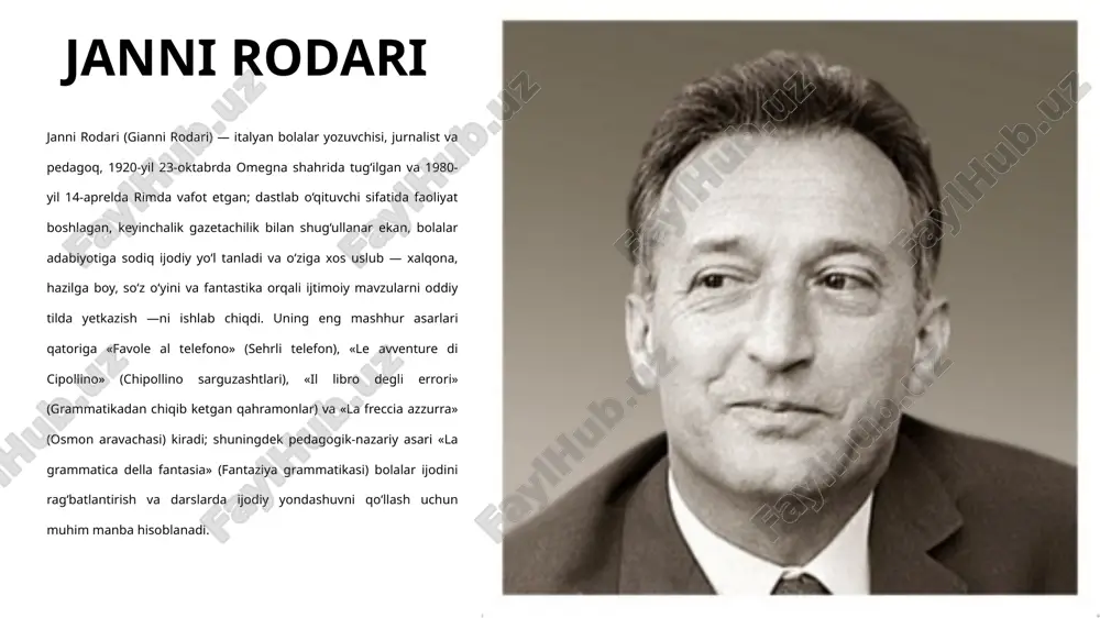 shga o‘rgatishga qaratilgan. u ertakni faqat o‘yin yoki ko‘ngil ochish vositasi emas, balki hayotni tushunishga undovchi maktab deb bilgan. rodari nazarida har bir bola tug‘ma ijodkor, shuning uchun uni qat’iy qoidalar emas, fantaziya va o‘ylash erkinligi tarbiyalashi kerak. uning “har bir bola – kichik shoir” degan g‘oyasi butun ijodining markazida turadi. rodari ertaklarida bolalarning sodda savollari orqali chuqur falsafiy haqiqatlarni ochib beradi. u uchun bolalar adabiyoti – bu bolalarni ulg‘aytirish emas, balki ularning dunyoqarashini hurmat qilish va hayratini asrash san’atidir. shu bois uning har bir asari, ayniqsa “sehrli telefon” va “chipollino sarguzashtlari”, bolalarda nafaqat kulgi, balki hayotga mehr, adolat va ezgulikka ishonch uyg‘otadi. janni rodarining pedagogik qarashlari uning butun ijodida markaziy o‘rinni egallaydi. u bolalar ta’limi jarayoni faqat bilim berish emas, balki tasavvur, fikrlash va his qilishni rivojlantirish jarayoni bo‘lishi kerakligini uqtirgan. rodari an’anaviy o‘qitish uslublarida faqat to‘g‘ri javobni izlash emas, balki xatolarni ham ijodiy imkoniyat sifatida ko‘rish zarurligini ilgari …