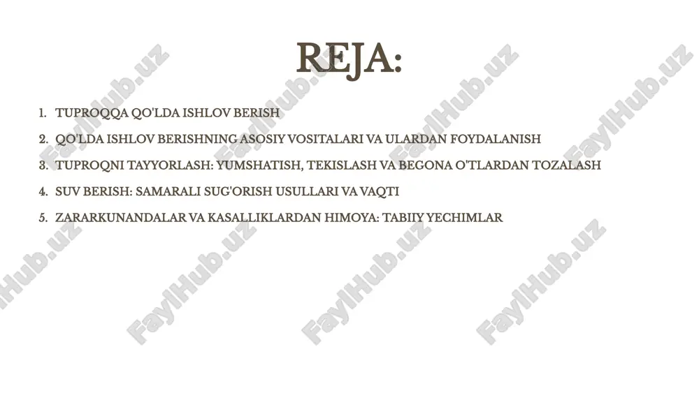 qilib ekish, keyinchalik parvarishlashni osonlashtiradi. siyraklashtirish: ko'chatlar chiqqandan so'ng, ularning orasini optimal masofada siyraklashtirish unumdorlikni oshiradi. ko'chat ekish vaqt: ko'chatni kechki payt yoki bulutli kunda ekish, stressni kamaytiradi. teshik tayyorlash: ildiz to'pi sig'adigan darajada katta va chuqur teshik qazish. sug'orish: ekishdan so'ng darhol mo'l suv berish, tuproqning ildiz atrofida joylashishini ta'minlaydi. 6 suv berish: samarali sug'orish usullari va vaqti to'g'ri sug'orish o'simliklarning sog'lom rivojlanishining garovidir. 1-2 qachon sug'orish? odatda, issiq kunlarda 1-2 kunda bir marta, 5-10 sm chuqurlikdagi tuproq quruqlashganda sug'oriladi. ertalab eng yaxshi vaqt eng yaxshi vaqt - erta tong. bu suvning bug'lanishini kamaytiradi va o'simliklarni kechqurun nam qoldirmaydi, bu esa kasalliklarning oldini oladi. chuqur sug'orish usuli kichik miqdorda tez-tez sug'orishdan ko'ra, kamroq, lekin chuqur sug'orishni afzal ko'rish kerak. bu ildizlarning chuqur o'sishini rag'batlantiradi. 7 begona o'tlarga qarshi kurash: organik usullar va ularning afzalliklari garbitsidlarsiz, ekologik toza usullar bilan bog'ni begona o'tlardan himoya qilish. qo'lda o't yulish eng samarali …