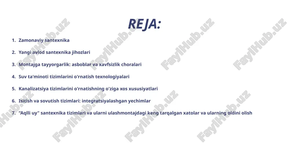 gan unitazlar va dush kallaklari pex quvurlarining afzalliklari pex (cross-linked polyethylene) bugungi kunda mis quvurlarga samarali alternativ hisoblanadi. uning moslashuvchanligi montajni osonlashtiradi, suv bosimi pasayishini kamaytiradi va muzlash natijasida yorilish ehtimoli ancha pastdir. montaj vaqtida pex uchun maxsus siqish va kengaytirish asboblaridan foydalanish lozim. 4 montajga tayyorgarlik: asboblar va xavfsizlik choralari sifatli montajning kaliti - bu puxta tayyorgarlik va to'g'ri asbob-uskunalardan foydalanish. xavfsizlik qoidalari esa har doim birinchi o'rinda turishi kerak. 1 1. loyihani tahlil qilish montajga kirishishdan oldin chizmalar, spetsifikatsiyalar va mahalliy qonun hujjatlariga muvofiqlikni tekshirish zarur. o'rnatish joyining o'lchamlarini ikki marta tekshiring. 2 2. asbob-uskunalar har bir materialga mos keladigan professional asboblar to'plami: pex press-asboblar, propilen payvandlash mashinalari, quvur kesgichlar, teshik ochuvchilar va yuqori sifatli darajalar. 3 3. xavfsizlik shaxsiy himoya vositalari (qo'lqop, himoya ko'zoynaklari, niqob) doimiy ishlatilishi shart. elektr jihozlari bilan ishlashda izolyatsiyaga e'tibor bering va suv manbalarini o'chiring. tayyorgarlik jarayonida ish joyini tozalash va eski quvurlarni …