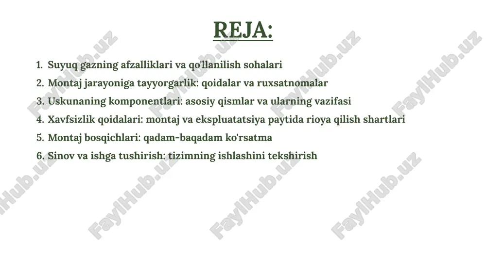 rcha talablarga muvofiq, xavfsiz va sementlangan poydevor bilan tayyorlash. 4 uskunaning komponentlari: asosiy qismlar va ularning vazifasi suyuq gaz tizimi bir nechta muhim komponentlardan iborat bo'lib, ularning har biri tizimning xavfsizligi va funksionalligi uchun javobgardir. ushbu komponentlarning to'g'ri tanlanishi va o'rnatilishi juda muhimdir. saqlash idishi (gazgolder) suyuq gazni saqlash uchun mo'ljallangan bosimli rezervuar. u yer osti yoki yer usti turlariga bo'linadi. hajmi iste'molga qarab tanlanadi. reduktor bloki idishdagi yuqori bosimni iste'molchiga yetkazish uchun xavfsiz, barqaror ish bosimiga tushirish uchun xizmat qiladi. quvur liniyasi va armaturalar gazni idishdan iste'mol uskunalariga yetkazib beruvchi tizim. unda klapanlar, filtrlar va xavfsizlik valvellari bo'lishi shart. iste'molchi uskunalar gazni ishlatadigan qurilmalar, masalan, gaz qozonlari, suv isitgichlari yoki sanoat yondirgichlari. 5 xavfsizlik qoidalari: montaj va ekspluatatsiya paytida rioya qilish shartlari shaxsiy himoya vositalari montajchilar maxsus kiyim, qo'lqop va xavfsizlik dubulg'alaridan foydalanishi shart. aloqa masofasi gazgolder binolar, o't yoqish manbalari va drenaj tizimlaridan me'yoriy masofada joylashgan bo'lishi kerak. …