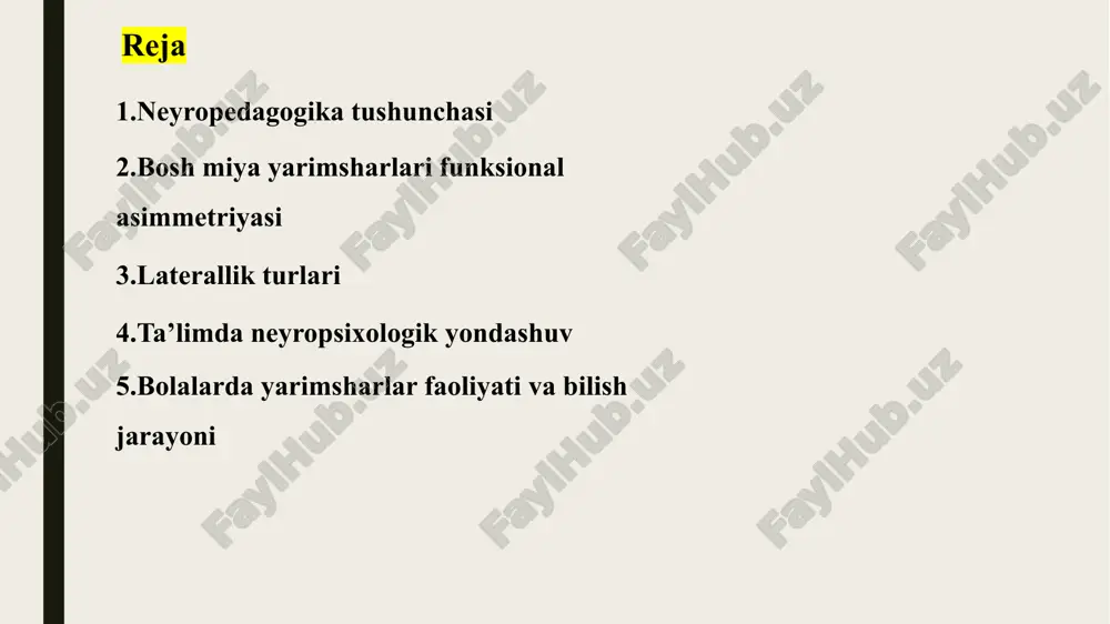 gnitiv vazifani bajaradi masalan: o‘qish va yozish — ko‘proq chap yarimsharda musiqa, rasm, fazoviy tasavvur — o‘ng yarimsharda harakatlar va nutqni boshqarish — koordinatsiyalangan holda amalga oshadi 🔹 inson tafakkuri lateral tashkil topadi “inson tafakkuri lateral” degani: fikrlash jarayoni o‘ng va chap miya bo‘linmalariga taqsimlangan har bir odamda bir yarimshar nisbatan ustunroq bo‘ladi chap va o‘ng yarimsharning vazifalari ✅ chap yarimshar — “mantiqiy markaz” 🎨 o‘ng yarimshar — “ijodiy markaz” asosiy vazifalari: mantiqiy fikrlash tahlil va rejalashtirish til va nutqni boshqarish matematika va hisob-kitob ketma-ketlik asosida fikrlash grammmatik tuzilmani idrok qilish asosiy vazifalari: tasavvur va kreativlik emotsional idrok obrazli va intuitiv fikrlash musiqa va san’atni qabul qilish fazoviy tasavvur (yo‘nalish, shakl, joylashuv) ritm, rang va hislarni sezish qisqa ta’rif: chap yarimshar — mantiq, til, raqamlar va tartibga javobgar bo‘lgan tizimli fikrlash markazi. qisqa ta’rif: o‘ng yarimshar — ijod, tasviriy idrok, his-tuyg‘u va intuisiya markazi. laterallik tushunchasi laterallik — bu miya …