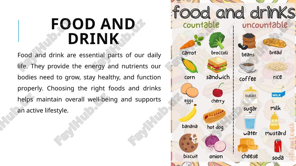 rovide the body with energy for daily activities. proteins, found in foods like meat, fish, eggs, and legumes, are essential for building and repairing body tissues, as well as maintaining muscle strength. dairy products, including milk, cheese, and yogurt, supply important nutrients such as calcium and vitamin d, which are vital for strong bones and teeth. eating a balanced combination of these food types ensures good health and overall well-being. types of drinks there are many types of drinks that people consume for hydration, energy, and enjoyment. water is the most essential drink for life, as it keeps the body hydrated, helps regulate temperature, and supports all vital functions. hot beverages such as tea and coffee are popular around the world; they provide warmth, comfort, and sometimes stimulation due to caffeine. cold beverages like fruit juices, smoothies, and soft drinks are refreshing and often enjoyed during hot weather, though it …