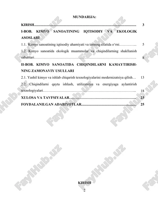 lingan “2022–2026-yillarda o‘zbekiston respublikasining atrof-muhitni muhofaza qilish konsepsiyasi”[footnoteref:1] da kimyo sanoatida chiqindilarni kamaytirish, xavfli moddalardan foydalanishni cheklash va ishlab chiqarish jarayonlarini ekologik standartlarga moslashtirish bo‘yicha muhim vazifalar belgilangan. shuningdek, 2024-yilda unido va o‘zbekiston ekologiya, atrof-muhitni muhofaza qilish va iqlim o‘zgarishi vazirligi hamkorligida “sanoat chiqindilarini boshqarish va qayta ishlash”[footnoteref:2] loyihasi ishga tushirildi. bu jarayonlar nafaqat ekologik, balki iqtisodiy barqarorlik uchun ham strategik ahamiyat kasb etmoqda. shu boisdan, kimyo sanoatida chiqindilarni kamaytirish yo‘llarini o‘rganish dolzarb ilmiy va amaliy ahamiyatga ega. [1: o‘zbekiston respublikasi prezidentining “2022–2026-yillarda o‘zbekiston respublikasining atrof-muhitni muhofaza qilish konsepsiyasini tasdiqlash to‘g‘risida”gi pq–11-son qarori, 2023-yil 11-yanvar. — www.lex.uz] [2: o‘zbekiston respublikasi prezidentining “yashil iqtisodiyotga o‘tish strategiyasi to‘g‘risida”gi pf–60-son farmoni, 2022-yil 28-yanvar. — www.lex.uz] kurs ishining maqsadi. kimyo sanoatida chiqindilarni kamaytirishning zamonaviy yo‘llarini, innovatsion texnologiyalarini va ularning o‘zbekiston sharoitida qo‘llanish imkoniyatlarini ilmiy asosda o‘rganish. kurs ishining vazifalari: · kimyo sanoatida chiqindilarning paydo bo‘lish sabablari va turlarini tahlil qilish. · chiqindilarni kamaytirishda qo‘llanilayotgan …