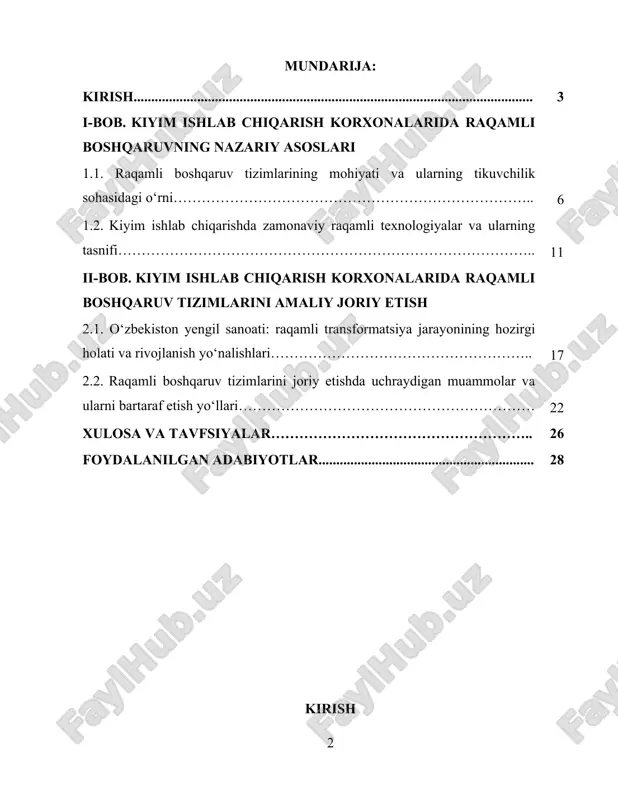 va korxonalarga raqamli boshqaruv tizimlari (erp, mes, plm, iot-integratsiyalar) orqali samaradorlikni, mahsulot sifati va raqobatbardoshlikni oshirish imkonini beradi. to‘qimachilik va kiyim-kechak ishlab chiqarish sohasi mamlakat iqtisodiyotida alohida o‘rin tutadi: prezidenti va hukumat tomonidan qabul qilingan 2024–2025 yillardagi maxsus farmon va qarorlar — xususan 2024-yil 1-maydagi up-71 raqamli va texnologik yangilanish orqali to‘qimachilik va tikuv-trikotaj sanoatini yangi bosqichga ko‘tarish chora-tadbirlari — sohaga davlat tomonidan barqaror qo‘llab-quvvatlash ko‘rsatilayotganini, eksportni kengaytirish va yuqori qo‘shilgan qiymatli mahsulotlar ishlab chiqarishni rag‘batlantirishni maqsad qilganini aniq ko‘rsatadi. ushbu hujjatlar sohada investitsiyalarni jalb etish, klaster va korxonalar darajasida modernizatsiya, shuningdek raqamli tizimlar joriy etilishi uchun imtiyoz va qo‘llab-quvvatlash mexanizmlarini belgilaydi. amaliy jihatdan, kiyim ishlab chiqarish korxonalarida raqamli boshqaruv tizimlarini joriy etish bir necha bevosita muhim vazifalarni hal etadi: ishlab chiqarish sikllarini optimallashtirish va real-vaqt monitoring (mes), dizayn va modelni boshqarish orqali mahsulotlarni bozorga chiqarish muddatini qisqartirish (plm, cad/cam va 3d-fitting texnologiyalari), ta’minot zanjiri va xom ashyo — ayniqsa …