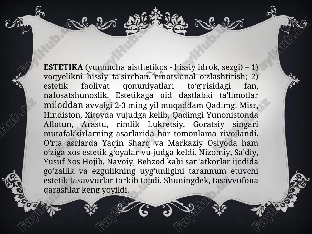stetik did zaminida go‘zallikni xunuklikdan ajrata bilish va undan beg‘araz shodlanish hamda lazzatlanish qobiliyati yotadi. estetik did odamlarning dunyoqarashidan, ayniqsa, estetik qarashlaridan ajralmagan holda amal qiladi. estetik bilimlar va qarashlar didda ifodalanishi uchun ular shaxsning ichki dunyosiga, idrok qilish jarayonining o‘ziga singib ketishi, shaxsning mustahkam e'tiqodiga aylanishi lozim. estetik did o‘zida bevosita va bilvosita, hissiy va aqliy, yakka odam va jamiyat estetik didi qarama-qarshiliklari birligini mujassamlashtiradi. estetik didning ziddiyatli tabiati haqida dastlab kant munosabat bildirgan edi. kant nazarida did yakka odamga xos bo‘lgan insonning tug’ma qobiliyatidir. did shu qadar yakka tartibda ifoda topadiki, uni hech qanday dalillar bilan inkor etib bo‘lmaydi. did mulohazasi nihoyatda shaxsiy tabiatga molikdir. shu boisdan ham "did to‘g’risida bahslashmaydilar". lazzatlanish ob'yekti bo’lgan hissiylik, nafosat barcha uchun barobar darajada ahamiyatlidir, u faqat mazkur shaxsning o‘zigagina emas, balki hammaga yoqadi. inson o‘ziga yoqqan narsalarni boshqalarga ham yoqadi deb o‘ylaydi. demak, didlar uchun umumiy hisoblanadigan tomonlari ham bor. shu …