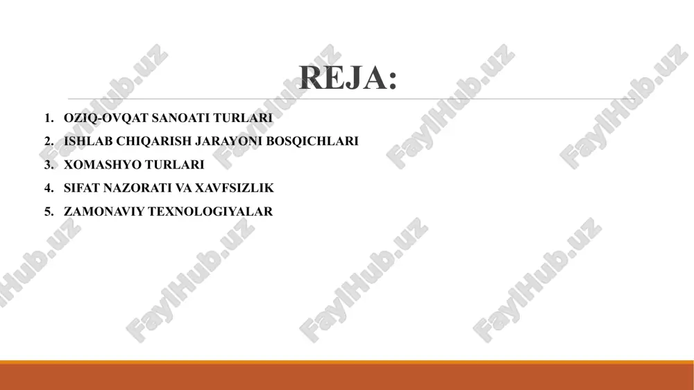 e, tort. ichimliklar sanoati: choy, qahva, gazli va gazsiz ichimliklar, sharbatlar. yog‘ va margarin ishlab chiqarish: o‘simlik yog‘lari, sut yog‘i, margarin va aralash yog‘lar. ishlab chiqarish jarayoni bosqichlari xomashyo qabul qilish va tekshirish: mahsulot sifati va xavfsizligini ta’minlash uchun. tozalash va tayyorlash: xomashyoni ishlov berishga tayyorlash. termik yoki mexanik ishlov berish: pishirish, qaynatish, sovutish yoki maydalash. aralashma va qo‘shimchalar qo‘shish: ta’m, rang, ozuqa qo‘shish. qadoqlash va markalash: mahsulotni saqlash va iste’molchiga yetkazish uchun. sifat nazorati va saqlash: standartlarga mosligini tekshirish va uzoq muddat saqlash. xomashyo turlari oziq-ovqat mahsulotlarini ishlab chiqarishda foydalaniladigan xomashyolar turli manbalardan olinadi va ular sifat, ta’m va oziqlanish qiymati nuqtai nazaridan ajraladi. hayvonot mahsulotlari: sut, go‘sht, tuxum, baliq va boshqa hayvonlardan olinadigan mahsulotlar. ushbu xomashyolar oqsil, yog‘ va vitaminlar manbai bo‘lib, ko‘plab oziq-ovqat turlarida asosiy tarkib hisoblanadi. o‘simlik mahsulotlari: bug‘doy, makkajo‘xori, guruch, sabzavotlar, mevalar, kartoshka va boshqa ekinlar. ular karbongidratlar, tolalar, vitaminlar va minerallar manbai bo‘lib, asosiy …