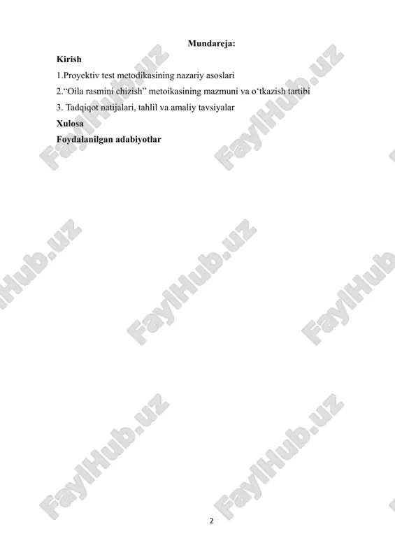 ishi uchun pedagoglar uning ichki olamini bilishi zarur. proyektiv metodikalar bu borada eng tabiiy va ishonchli ma’lumotlarni olish imkonini beradi. ishning maqsadi — “oila rasmini chizish” proyektiv testi yordamida tarbiyalanuvchi bolaning o‘zini anglash darajasi va oiladagi rolini aniqlashdir. vazifalar: 1. proyektiv metodikalar haqida nazariy ma’lumotlarni o‘rganish; 2. “oila rasmini chizish” metodikasining mohiyatini ochib berish; 3. bir nafar tarbiyalanuvchi misolida test natijalarini tahlil qilish; 4. bola o‘zini anglash darajasi asosida xulosa va tavsiyalar ishlab chiqish. tadqiqot ob’ekti: maktabgacha yoshdagi tarbiyalanuvchi bola. tadqiqot predmeti: bolaning o‘zini anglash va rolini idrok etish jarayoni. ishning ahamiyati: ushbu tadqiqot natijalari tarbiyachi, psixolog va ota-onalarga bola shaxsini chuqurroq anglash, oiladagi muhitni tahlil qilish hamda individual tarbiyaviy yondashuvni shakllantirishda yordam beradi. 1. proyektiv test metodikasining nazariy asoslari proyektiv metodlar — bu shaxsning ichki kechinmalari, yashirin motivlari va o‘zini anglash xususiyatlarini aniqlashga mo‘ljallangan psixologik diagnostika usullari bo‘lib, ular 20-asrning birinchi yarmida shakllangan. “proyeksiya” atamasi lotincha projectio so‘zidan olingan …