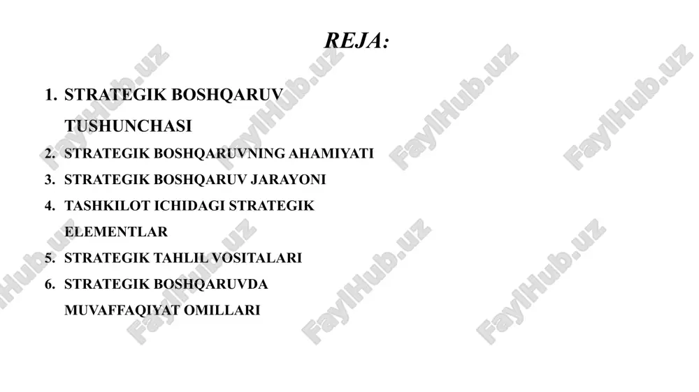 gik boshqaruv tashkilotning uzoq muddatli muvaffaqiyatini ta’minlash uchun asos yaratadi, raqobatbardoshlikni oshiradi va mavjud resurslardan maksimal samaradorlik bilan foydalanishga imkon beradi. u qaror qabul qilish jarayonini tizimli qiladi, ichki va tashqi muhitni hisobga olgan holda strategik yo‘nalishlarni belgilaydi va tashkilotning barqaror rivojlanishini qo‘llab-quvvatlaydi. shu bilan birga, innovatsiyalarni joriy etish, bozor o‘zgarishlariga tez moslashish va tashkilotning uzoq muddatli maqsadlariga erishish imkonini beradi. strategik boshqaruv jarayoni strategik boshqaruv jarayoni tashkilotning uzoq muddatli maqsadlariga erishishni ta’minlaydi va bir necha bosqichdan iborat: birinchi navbatda missiya va vizyon aniqlanadi, so‘ng strategik maqsadlar belgilab olinadi. keyin resurslar rejalashtiriladi va tashkil etiladi, belgilangan strategiya amalga oshiriladi. jarayon davomida monitoring va nazorat tizimi faoliyatning samaradorligini baholash va kerak bo‘lganda tuzatishlar kiritish imkonini beradi. shu tarzda strategik boshqaruv tashkilotning barqaror rivojlanishini qo‘llab-quvvatlaydi. tashkilot ichidagi strategik elementlar tashkilot ichidagi strategik elementlar uning uzoq muddatli muvaffaqiyatini ta’minlaydi. ichki resurslar va asosiy qobiliyatlar kompaniyaga raqobat ustunligini beradi. tashkilot tuzilmasi va boshqaruv mexanizmi …