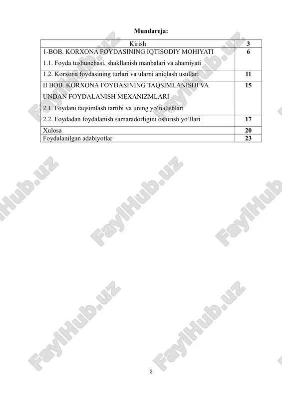 chambarchas bog‘liq. bozor iqtisodiyotining rivojlanishi shuni ko‘rsatadiki, foyda korxona uchun faqat moddiy manfaat emas, balki barqaror rivojlanish, innovatsiyalarni joriy etish va ijtimoiy mas’uliyatni ta’minlash vositasi hamdir. zamonaviy korxona foydani nafaqat dividend sifatida taqsimlaydi, balki uni qayta investitsiya qilib, yangi texnologiyalarni joriy etish, ishlab chiqarishni kengaytirish va xodimlar malakasini oshirishga yo‘naltiradi. foydaning to‘g‘ri taqsimlanishi va undan oqilona foydalanish har bir korxonaning uzoq muddatli strategik maqsadlariga erishishida muhim ahamiyatga ega. agar foyda faqat qisqa muddatli maqsadlarga sarflansa, korxona innovatsion raqobatda ortda qolishi mumkin. shu bois foyda taqsimotida balansli yondashuv — ya’ni, foydaning bir qismini aksiyadorlarga dividend sifatida berish, ikkinchi qismini esa ishlab chiqarish va ijtimoiy rivojlanishga yo‘naltirish — iqtisodiy barqarorlikning kafolatidir. o‘zbekiston respublikasi iqtisodiyotida ham foyda taqsimoti tizimi bosqichma-bosqich takomillashib bormoqda. mustaqillikning dastlabki yillarida korxonalar foydasi asosan markazlashgan holda soliqlar orqali davlat byudjetiga yo‘naltirilgan bo‘lsa, bugungi kunda foydaning katta qismi korxona ixtiyorida qolib, ularni o‘zini-o‘zi moliyalashtirish va rivojlantirish uchun ishlatilmoqda. bundan tashqari, …