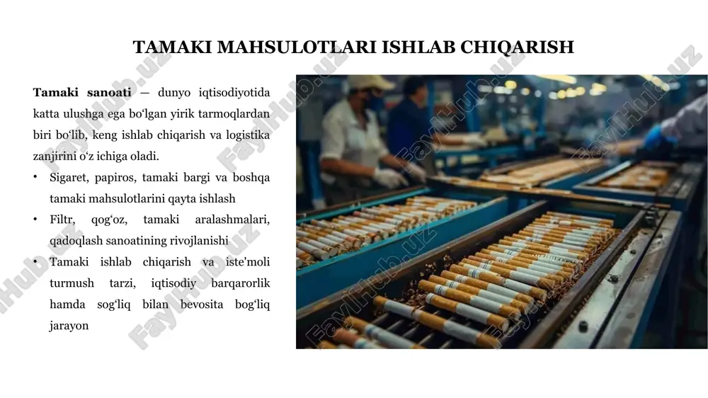 orat bo‘lib, avvalo yetilgan tamaki barglari yig‘ib olinadi. yig‘ilgan barglar maxsus sharoitlarda quritiladi va fermentatsiya qilinadi, bu jarayon tamakining hidi, rangi va ta’mini shakllantiradi. so‘ng quritilgan barglar mayda qilib kesiladi va turli tamaki turlari o‘zaro aralashtiriladi. keyingi bosqichda tamaki aralashmasi filtrlar, sigaret qog‘ozi va qadoqlash materiallari yordamida yakuniy mahsulot ko‘rinishiga keltiriladi. tayyor mahsulot maxsus saqlash joylarida sifat nazoratidan o‘tkaziladi va keyin ichki hamda tashqi bozorga tarqatiladi. quritish va fermentatsiya tamaki barglari yig‘ib olingach, ularni quritish jarayoni boshlanadi. bu bosqich odatda havoda, bevosita quyosh nuri ostida yoki maxsus pechlarda amalga oshiriladi. quritishdan so‘ng fermentatsiya jarayoni olib boriladi, bunda barglarda tabiiy kimyoviy o‘zgarishlar sodir bo‘lib, tamakining o‘ziga xos ta’mi, hidi va rangi shakllanadi. fermentatsiya sifatli bajarilmasa yoki quritish noto‘g‘ri olib borilsa, barglarda zararli moddalar va xavfli toksinlar paydo bo‘lishi mumkin, bu esa tayyor mahsulot sifatiga va inson salomatligiga salbiy ta’sir ko‘rsatadi. tamaki mahsulotlari turlari tamaki mahsulotlari turlari juda keng bo‘lib, eng ko‘p …
