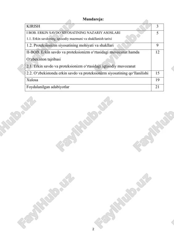 imkoniyati yaratiladi va iste’molchilar uchun tovarlar narxi pasayadi. proteksionizm esa, aksincha, milliy ishlab chiqaruvchilarni xorijiy raqobatdan himoya qilish maqsadida bojxona tariflarini oshirish, importni cheklash yoki subsidiyalar berish orqali amalga oshiriladi. bu siyosatning maqsadi — milliy sanoatni mustahkamlash, yangi tarmoqlarni rivojlantirish, ish o‘rinlarini yaratish va milliy xavfsizlikni ta’minlashdir. iqtisodiy nazariyada erkin savdo tarafdorlari (a.smit, d.rikardo, j.s.mill va boshqalar) savdo erkinligi davlatlar uchun o‘zaro foydali ekanligini isbotlab berganlar. ularning fikricha, har bir mamlakat o‘ziga nisbatan nisbiy ustunlikka ega bo‘lgan mahsulotni ishlab chiqarishga ixtisoslashsa, umumiy foyda oshadi. proteksionistlar esa (f.list, j.keyns va boshqalar) iqtisodiy mustaqillik va milliy ishlab chiqarishni himoya qilish davlat barqarorligi uchun zarur, deb hisoblaydilar. bugungi kunda deyarli barcha davlatlar bu ikki siyosatni muvozanatda olib borishga harakat qilmoqda. masalan, rivojlangan mamlakatlar erkin savdoni targ‘ib qilgan holda, o‘z strategik tarmoqlarini proteksionistik choralar bilan himoya qiladilar. shu bois, “erkin savdo” va “proteksionizm” o‘rtasidagi nisbat har bir davlatning iqtisodiy rivojlanish darajasi, ichki bozor holati …