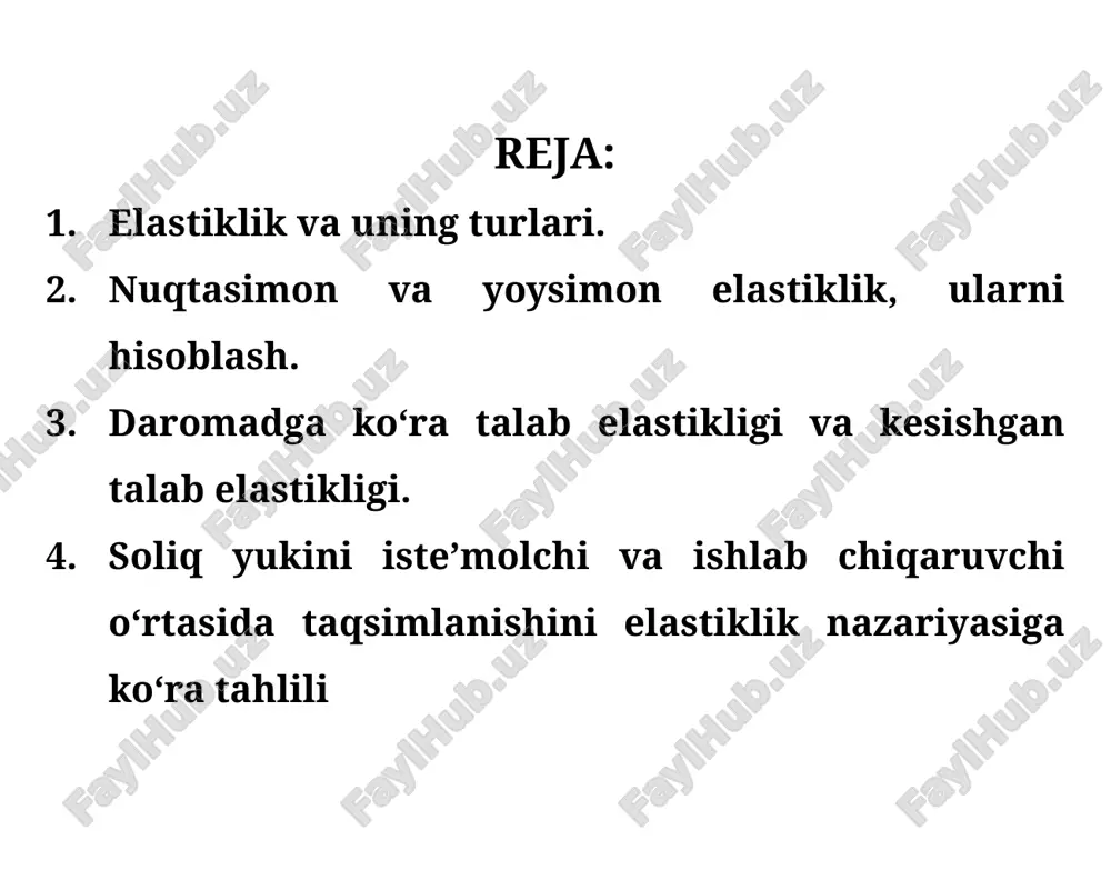 hi natijasida boshqa o‘zgaruvchining nechog‘li foizga o‘zgarishini ifodalaydi. bozor iqtisodiyotida elastiklikning eng muhim ko‘rinishlaridan biri — narxga bog‘liq talab elastikligidir. narx elastikligi mahsulot narxining bir foizga o‘zgarishi natijasida unga bo‘lgan talabning necha foizga o‘zgarishini ko‘rsatadi. agar narx oshganda talab keskin kamayib ketsa, bu yuqori elastiklikni, aksincha, narx o‘zgarishi talabga deyarli ta’sir qilmasa, past elastiklikni bildiradi. elastiklik va uning turlari. narxga bog‘liq talab elastikligi quyidagicha aniqlanadi: 5 bu yerda δq% — q ning foiz o‘zgarishi; δp% — p ning foiz o‘zgarishi.foiz o‘zgarish — o‘zgaruvchining absolyut o‘zgarishini uning oldingi darajasiga nisbatidir, ya’ni: talabning narxga ko‘ra nuqtaviy elastiklik koeffitsientini hisoblash formulasi: 6 talabning narxga ko‘ra yoysimon elastikligini hisoblash formulasi: bu yerda ​ va ​ — talabning va tovar narxining boshlang‘ich qiymatlari, ​ va ​ — talabning va tovar narxining o‘zgargan qiymatlari. 7 elastiklik koeffitsienti qiymatiga qarab talabni elastik, noelastik va birlik elastiklikka ega bo‘lgan turlarga ajratish mumkin. agar talabning narx bo‘yicha elastiklik koeffitsienti …