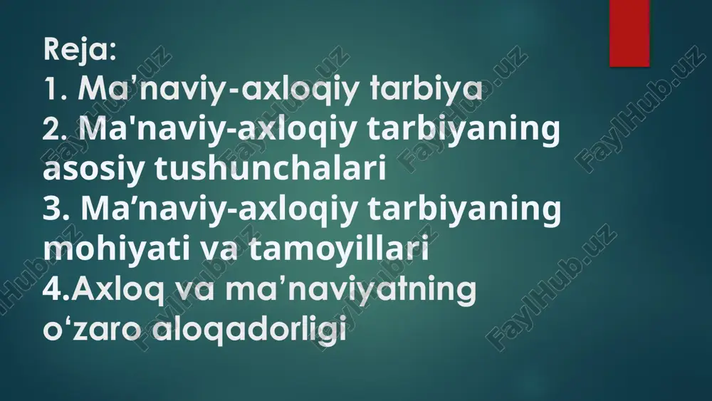 a aks etadigan va asoslanadigan axloqiy talablami ishlab chiqish; ikkinchidan, inson o‘z xatti-harakatlarini yo‘naltirishi va nazorat qilaolishi, shuningdek ijtimoiy xulqni boshqarishda ishtirok eta olishi,ya’ni boshqa kishilarga talab qo‘ya bilishi va ulaming xattiharakatlarini baholay olishi uchun bu talablami hamda ular bilan bog‘liq tasawurlami har bir inson ongiga singdirish. ma’naviyat va axloq o‘z navbatida tarbiya jarayonini samarali tashkil etislmi taqozo etadi. ma’lumki, tarbiya yosh avlodni jamiyatda yashashga maqsadli tayyorlash jarayoni boiib, maxsustashkil etilgan davlat va jamoat institutlari orqali amalga oshiriladi,jamiyat tomonidan nazorat qilinadi va tuzatishlar kiritib boriladi. 0‘quvchilami axloqiy tarbiyalashning asosiy vazifalariga quyidagilar kiradi: o‘quvchilarda axloqiy his-tuyg‘ular va xattiharakatlami tarbiyalash; xulq madaniyati va ijobiy his-tuyg‘ulami tarbiyalash; axloqiy xulq-atvor.ko‘nikmalarini shakllantirish axloqiy tarbiyaning mohiyati va tamoyillari axloq insonning xulq-atvorini boshqaradigan qaydalar va tamoyillardir. u jamiyatda kelishilgan norma va qadriyatlar to'plamini anglatadi. halollik tamoyili barcha ish va muomalaarda chinlik va samimiyllik adolat tamoyili har bir kishiga shunga loyiq munosabat va teng huquqlarni rispekt qilish mas'uliyat …