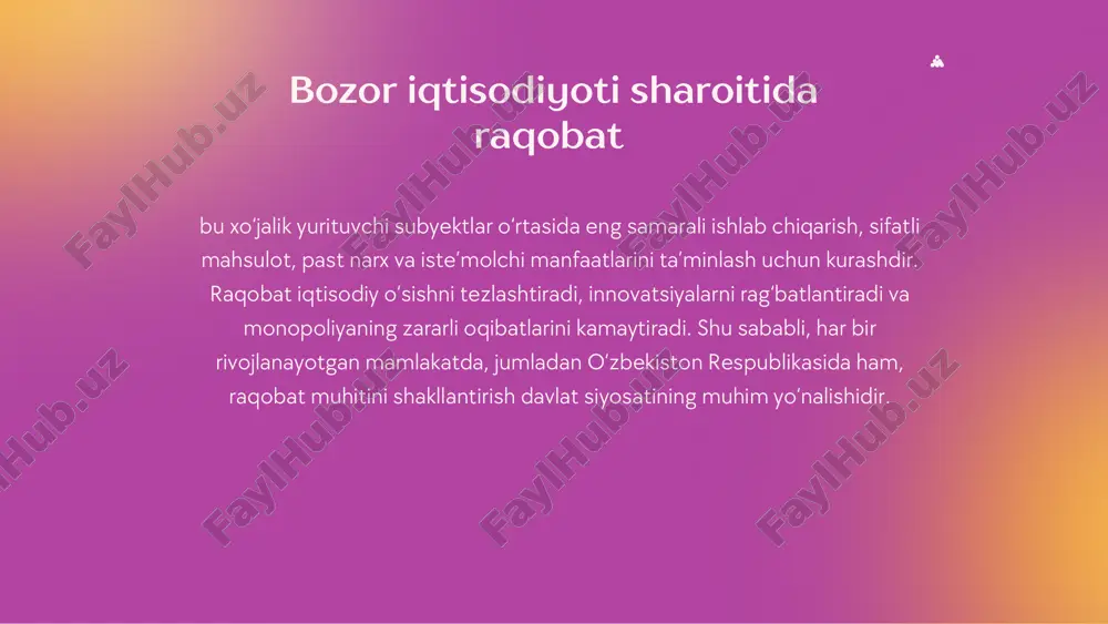 a. monopoliyaga qarshi siyosatning maqsad va vazifalari monopoliyaga qarshi siyosatning asosiy maqsadi – sog‘lom raqobatni ta’minlash, narxlarning sun’iy oshirilishini, tovarlar tanqisligini va bozorni boshqaruvchi subyektlarning suiiste’molini oldini olishdir. monopol holatga ega korxonalar faoliyatini tartibga solish; 01 03 0402 monopoliyaga qarshi siyosatning asosiy vazifalari sun’iy to‘siqlar va kelishuvlarni bartaraf etish bozorga yangi ishtirokchilar kirishiga sharoit yaratish iste’molchilar manfaatlarini himoya qilish 05 tovar va xizmatlar sifatini oshirishni rag‘batlantirish. monopoliyaga qarshi davlat siyosatini amalga oshiruvchi organlar raqobatni rivojlantirish va iste’molchilar huquqlarini himoya qilish qo‘mitasi — asosiy davlat organi. 01 0302 moliya vazirligi, iqtisodiyot va moliya vazirligi, soliq qo‘mitasi — narx va raqobat siyosatini muvofiqlashtiradi. sud va prokuratura organlari — qonun buzilish holatlarida chora ko‘radi. xulosa raqobat iqtisodiyotning harakatlantiruvchi kuchidir. o‘zbekistonda raqobat muhitini shakllantirish va monopoliyaga qarshi qonunchilikni takomillashtirish — bu bozor iqtisodiyoti tamoyillarini to‘liq qaror toptirishning zarur shartidir e’tiboringiz uchun rahmat