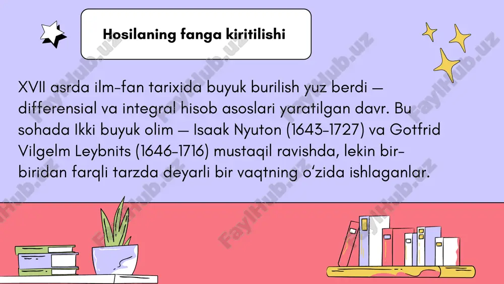 nuqtadagi hosilasi f'(x_0) soni, funksiya grafigiga (x_0, f(x_0)) nuqtada o'tkazilgan urinmaning burchak koeffitsiyentiga (k) teng bo'ladi: k = tan a = f'(x_0) funksiya hosilasi izoh y = c y' = 0 c - o'zgarmas son y = x^n y' = n * x^{n-1} darajali funksiya y = sin x y' = cos x sinus y = cos x y' = -sin x kosinus y = e^x y' = e^x natural ko'rsatkichli y = ln x y' = 1/x natural logarifm misol : darajali funksiyaning ta'rif bo'yicha hosilasi f(x) = x^2 funksiyasining hosilasi: f'(x) = lim_{δx -> 0} [ (x + δx)^2 - x^2 ] / δx f'(x) = lim_{δx -> 0} [ x^2 + 2x*δx + (δx)^2 - x^2 ] / δx f'(x) = lim_{δx -> 0} [ 2x*δx + (δx)^2 ] / δx f'(x) = lim_{δx -> 0} (2x + δx) f'(x) = 2x yig‘indi va ayirma hosilasi agar …